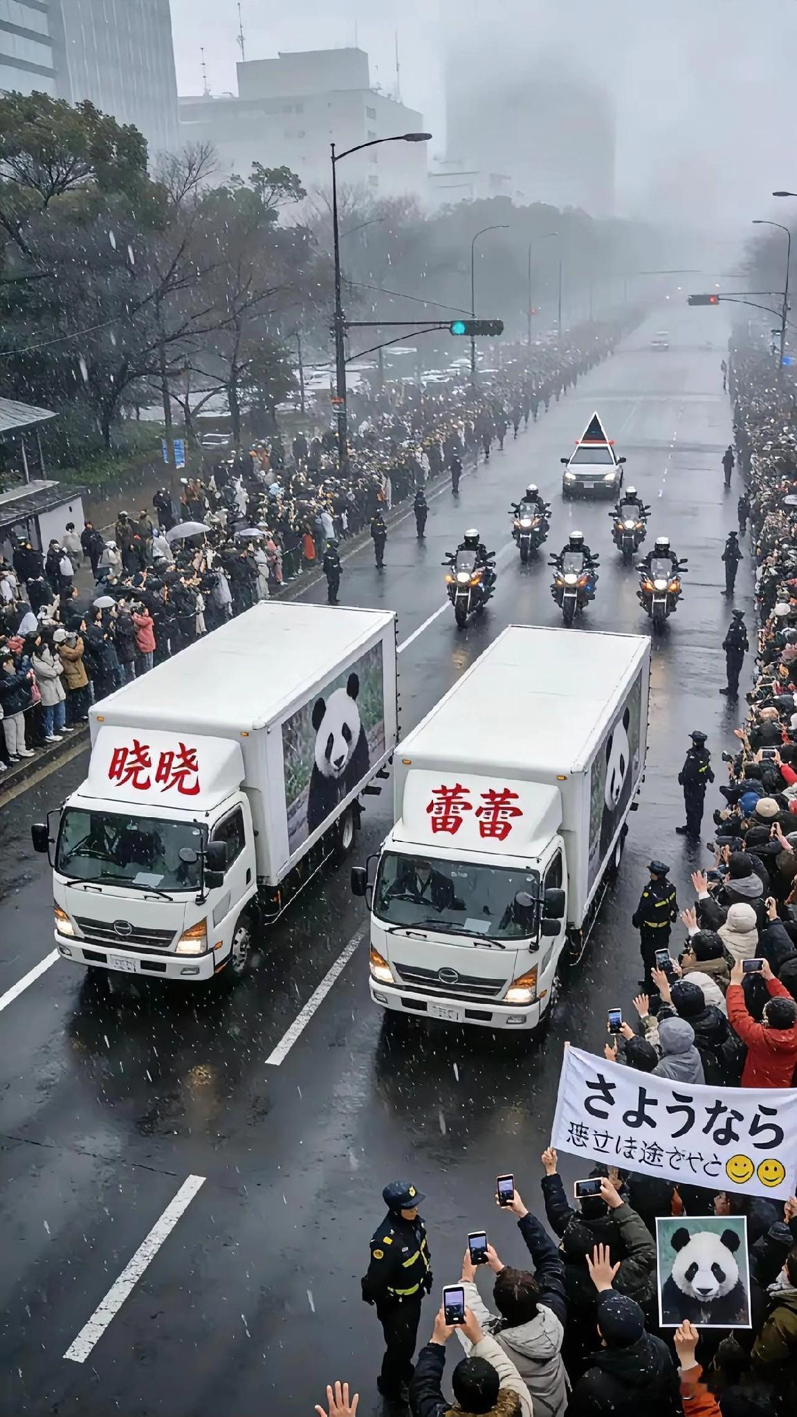 旅日大熊猫晓晓和蕾蕾回家咯！仿佛能看到它们在雨中慢悠悠地“踱步”，那憨态可掬的模
