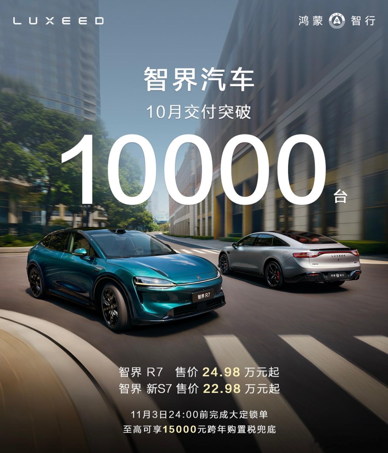 鸿蒙智行两家率先公布10月数据:智界交付10000+台、享界销量6700台，