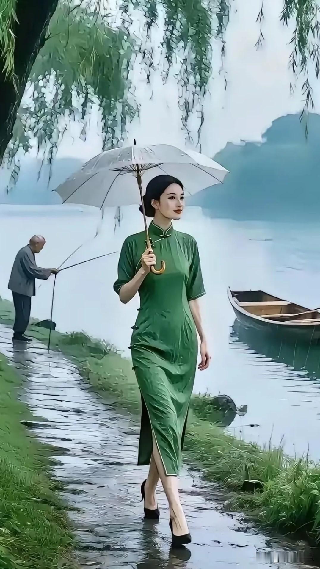 轻雾缭绕锁碧空，丽人漫走步轻盈，烟雨落地柔无声，远离尘嚣乐逍遥。