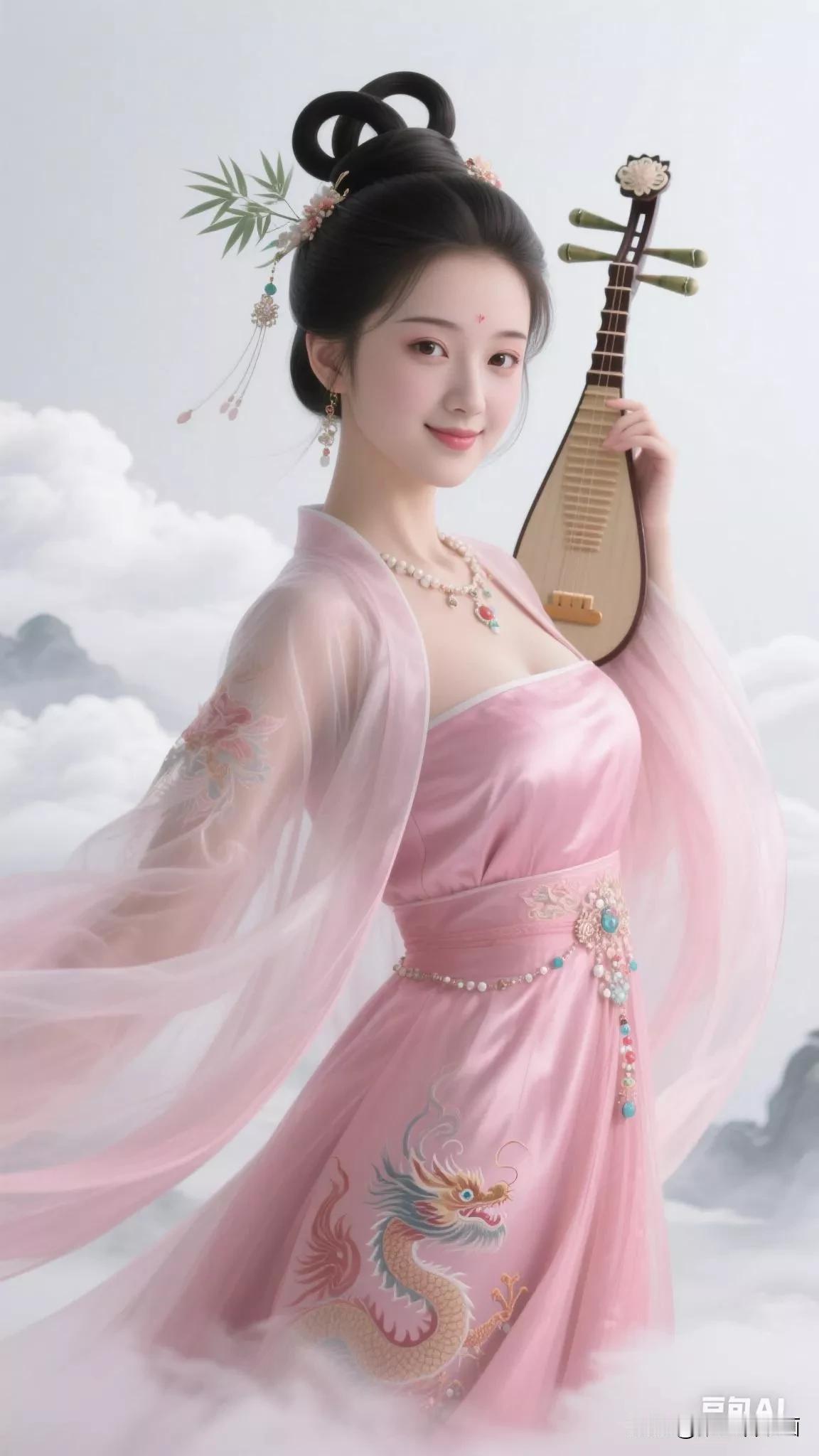 古风美人，手持琵琶，仙气飘飘，惊艳绝伦！张立启原创书画AI作品古仕女发髻集锦第3
