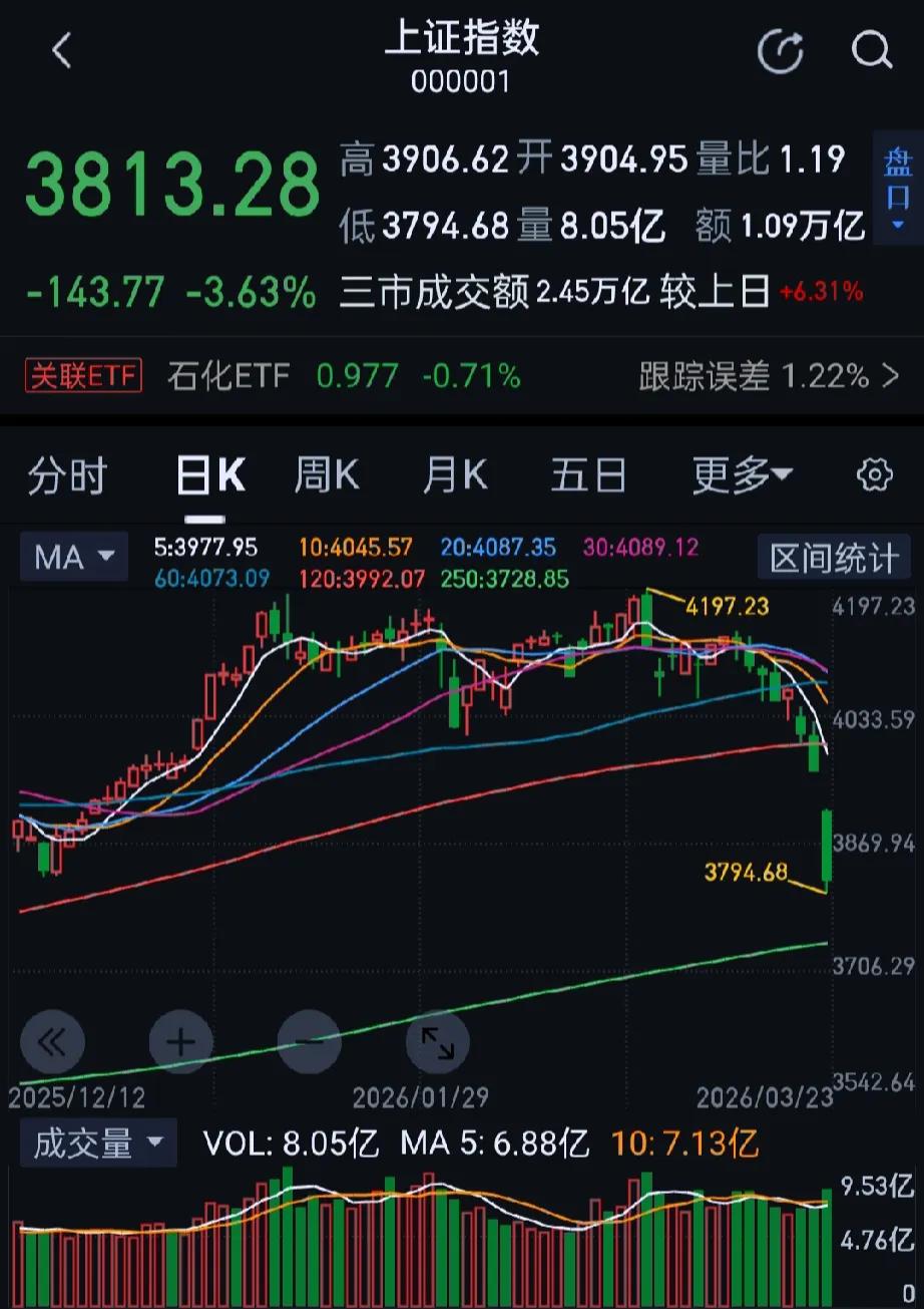 今日大A市场全天震荡调整，三大指数低开低走盘中均跌超4%，沪指尾盘勉强守住380