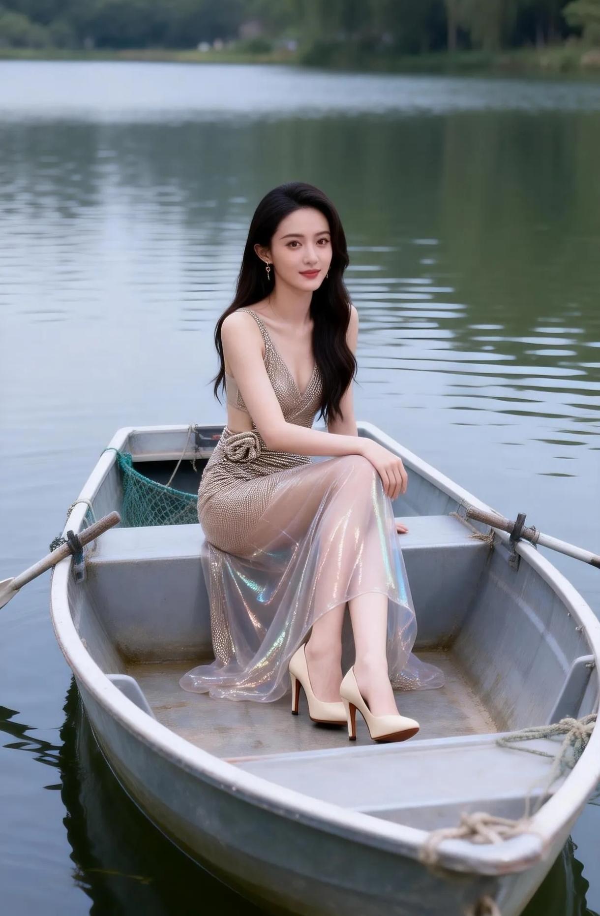 湖畔轻舟，仙气飘飘，优雅女神坐船间。湖边温柔少女湖畔棕裙照湖边清纯女神