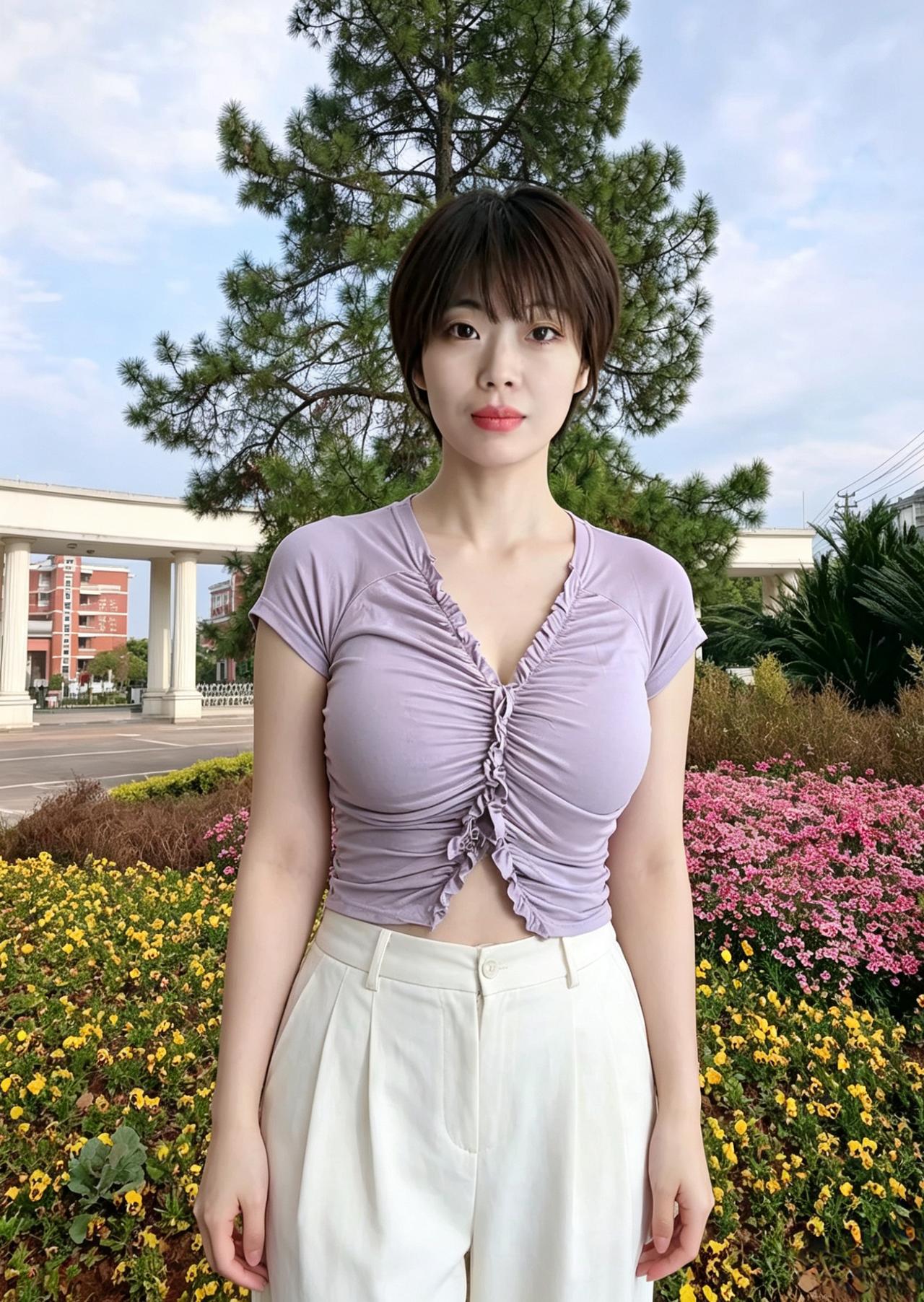 紫衫短打映晴川，短发清灵胜玉烟。笑靥轻开花失色，一颦一笑落人间。