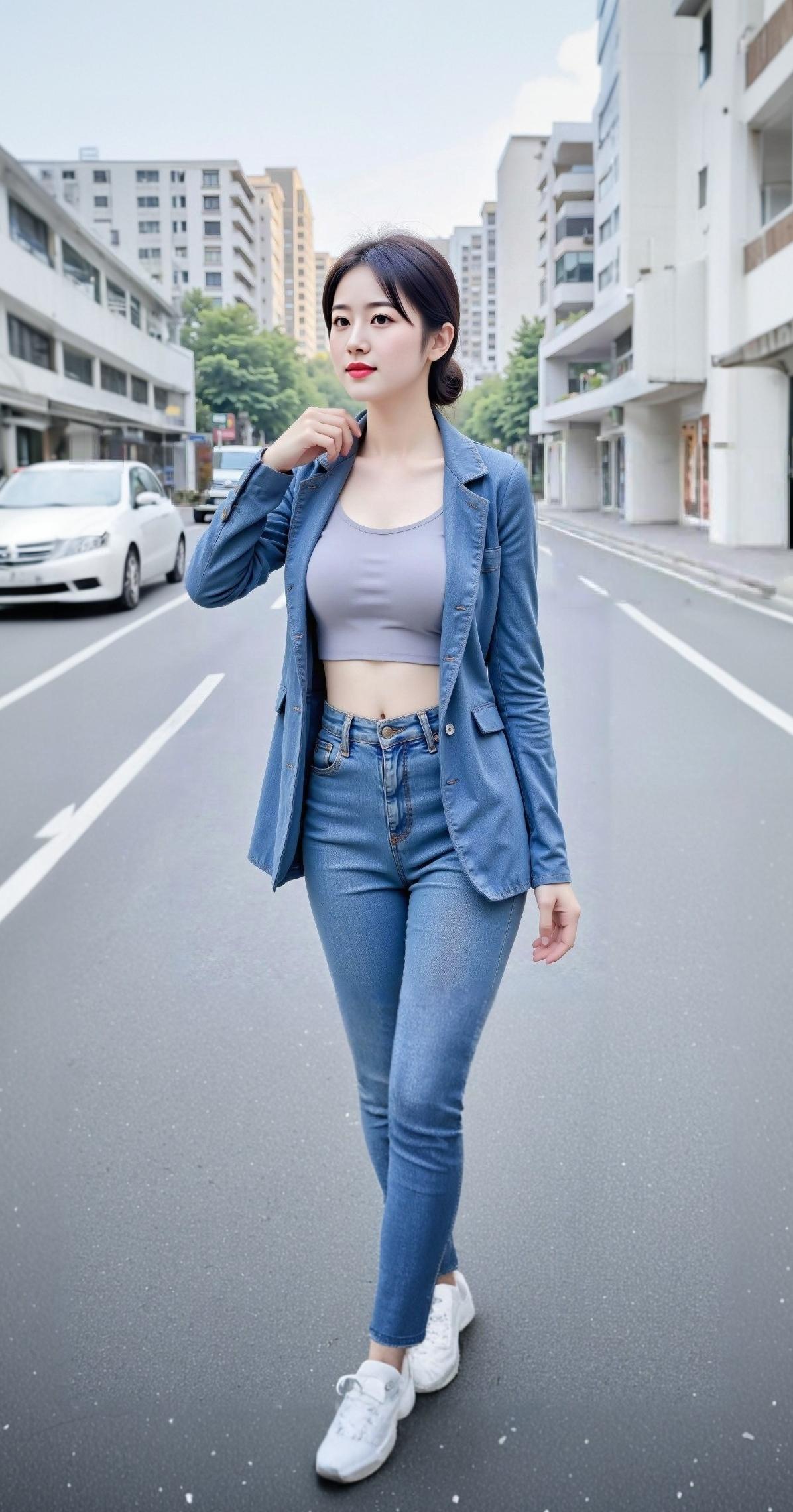 都市时尚少女，牛仔与西装的完美搭配，自信满满地走在街头！👠💃🏻