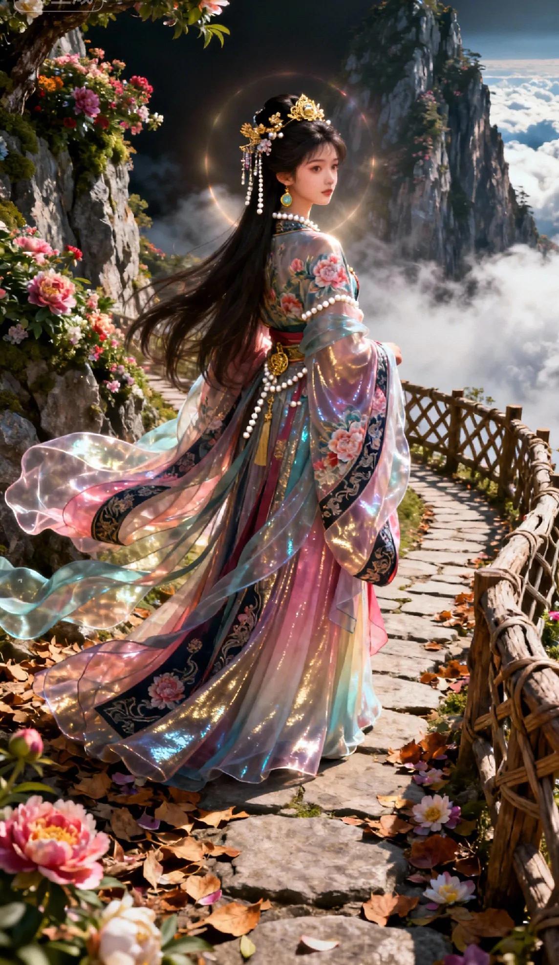云雾缭绕的崖间小径，她立于繁花与奇石之间，一袭流光溢彩的汉服似揉碎了云霞——粉蓝