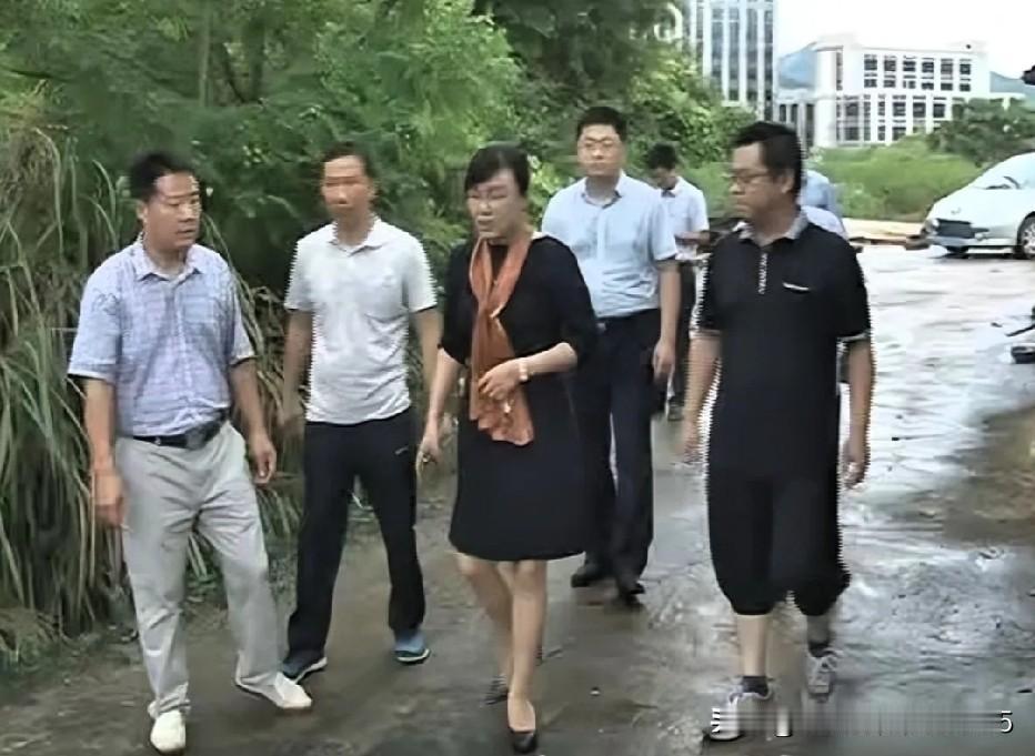 江西农业农村厅副厅长曹爱珍下乡调研，同行者休闲服装，她黑色连衣裙高跟鞋，走泥路格