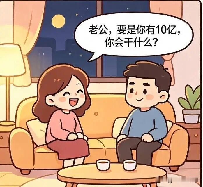 今天老婆突然问我：老公，要是你有10亿会干什么？我随口回答：把你休了。说完