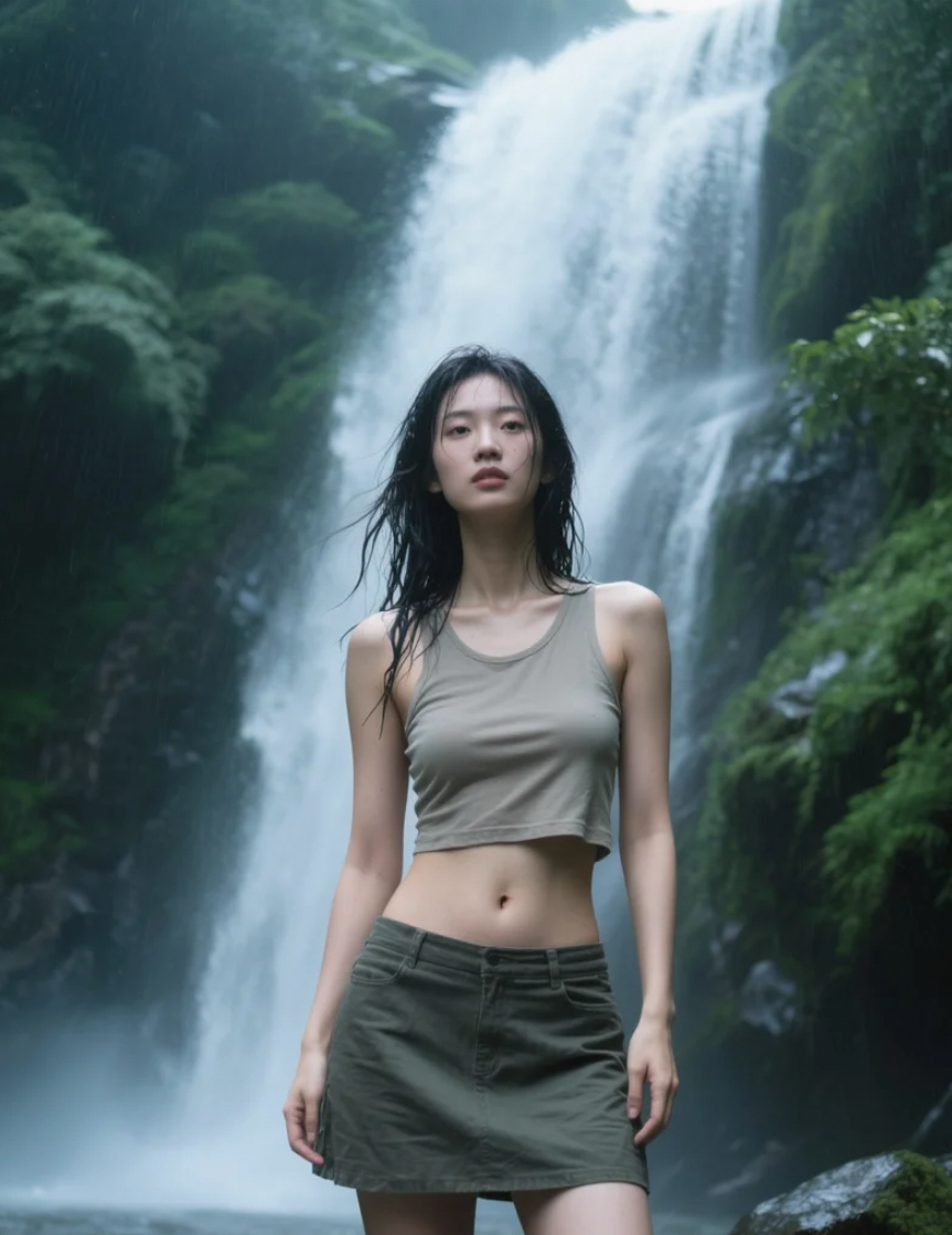 瀑布前的亚洲美女，清新脱俗如水雾般缥缈
