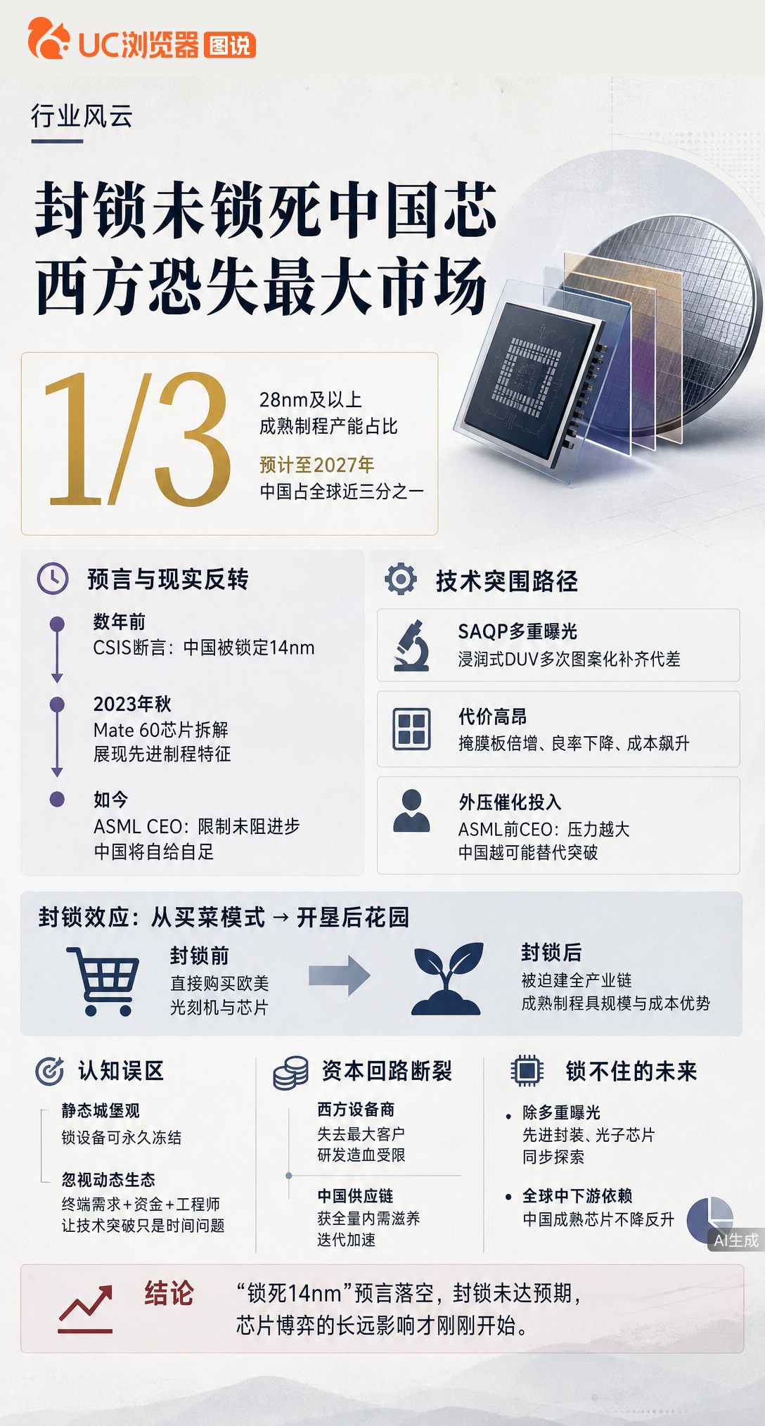 美智库曾断言中国芯片被锁死在14nm，ASMLCEO却坦言封锁逼出了自研加速。靠DUV多重曝光硬扛代
