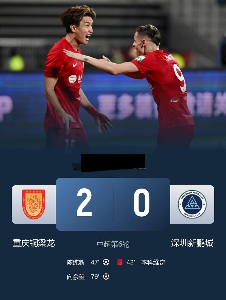 登顶！中超铜梁龙2-0战胜十人新鹏城向余望中超处子球，陈纯新建功4月17日