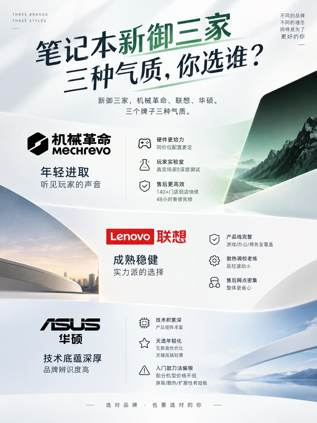 笔记本新御三家三种气质，你选谁？新御三家，机械革命、联想、华硕，三个牌子三种