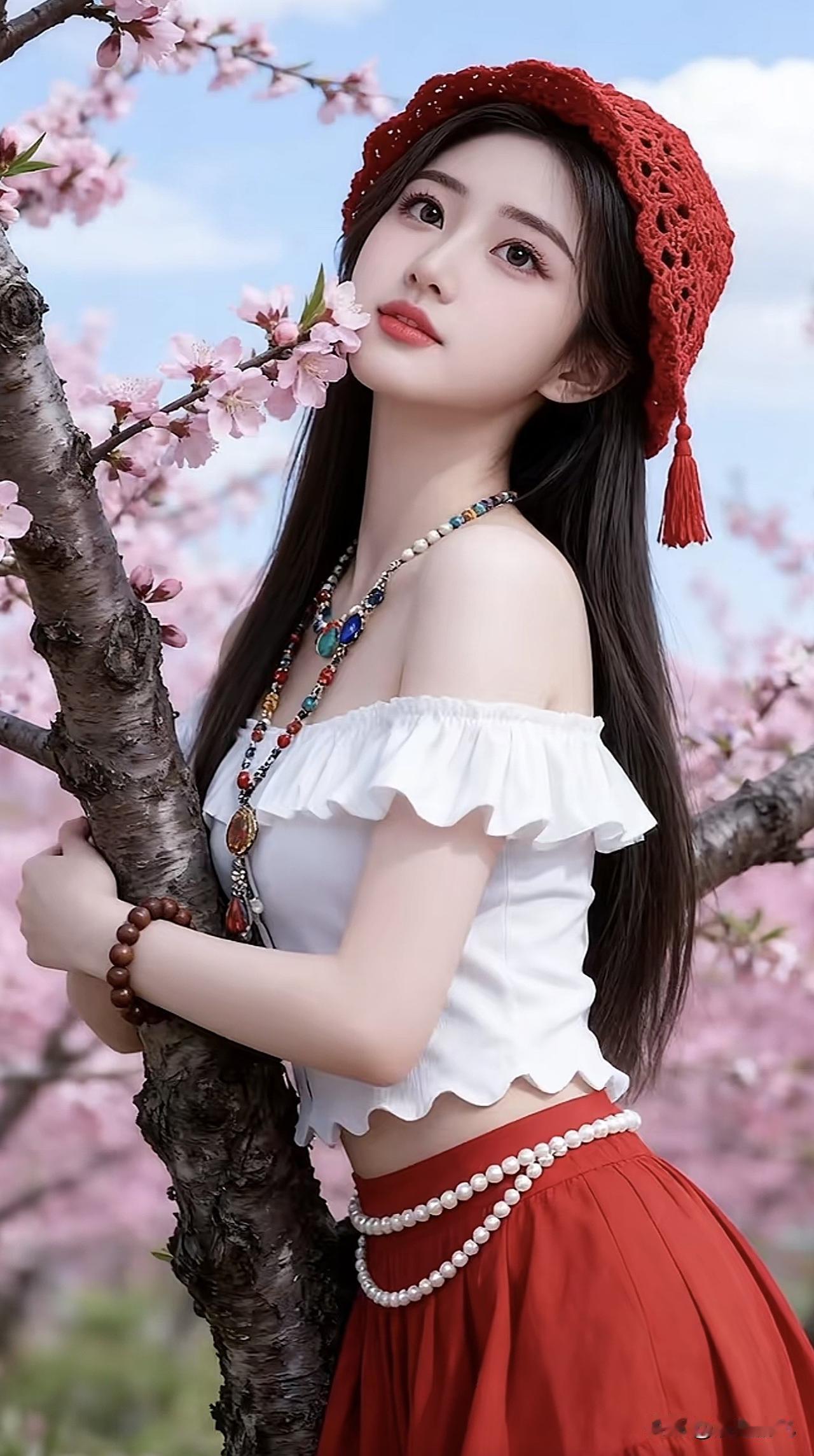 樱花树下，红裙少女，春日浪漫晒晒随手拍的月季花甜美小仙女的穿搭有哪些好看的仙