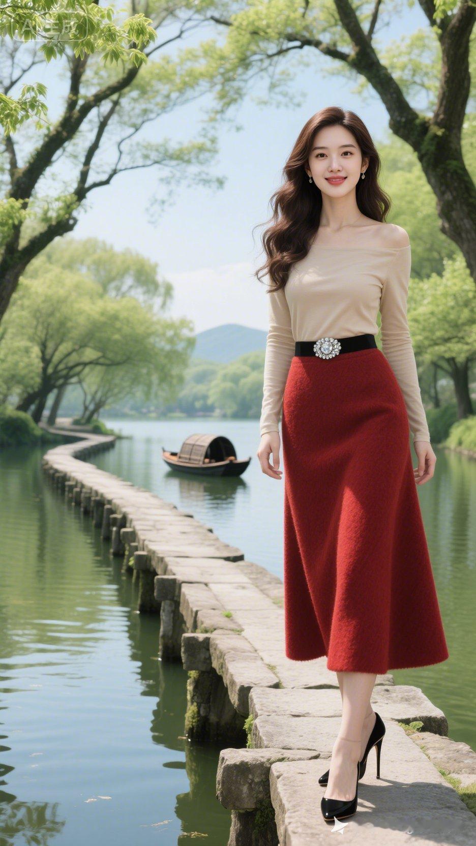 美女在湖边拍照，风景真美！