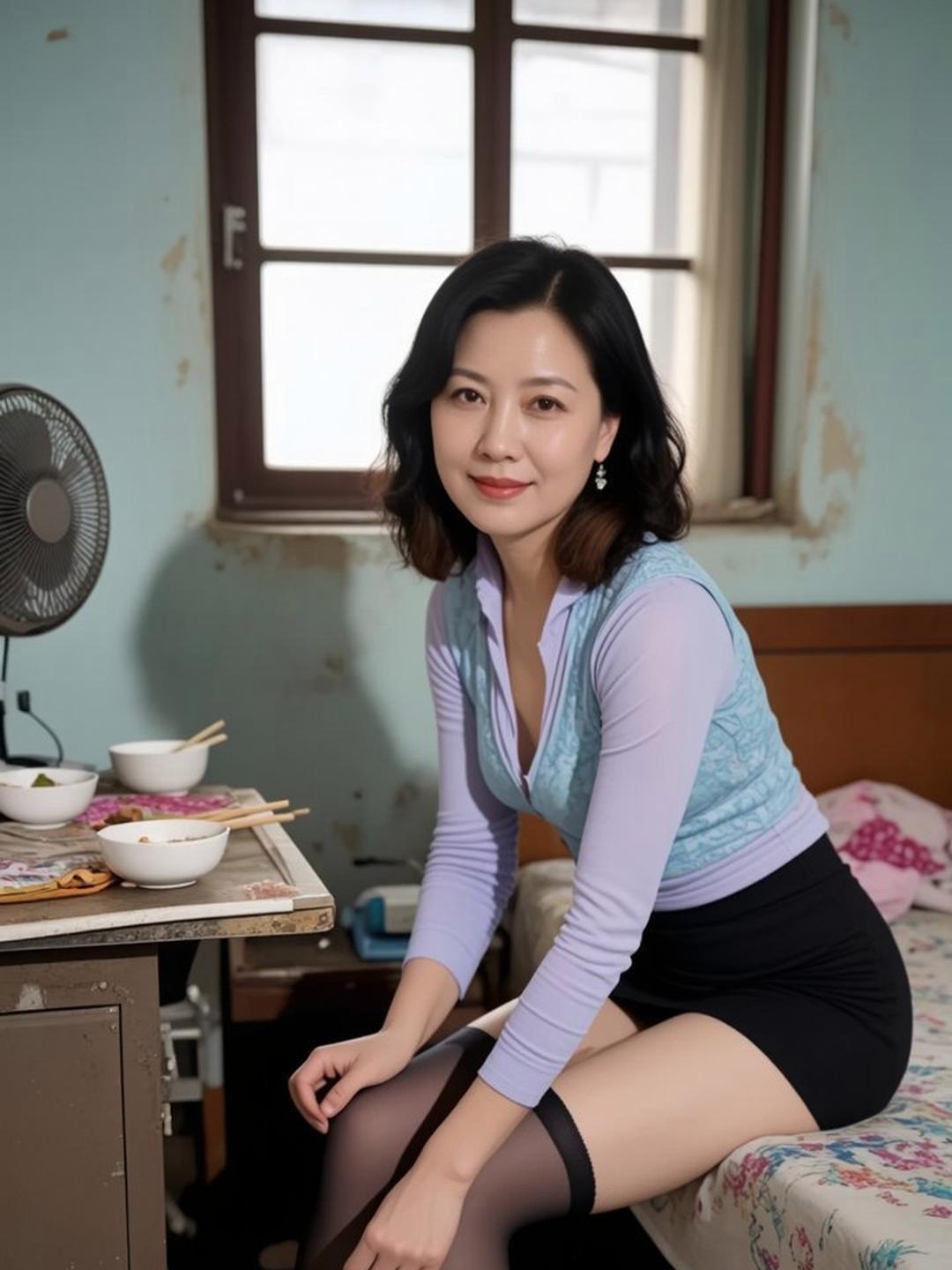 姐姐这造型太绝了！渐变紫蓝上衣显白又优雅，开叉设计露出迷人锁骨。波浪短发蓬松有型