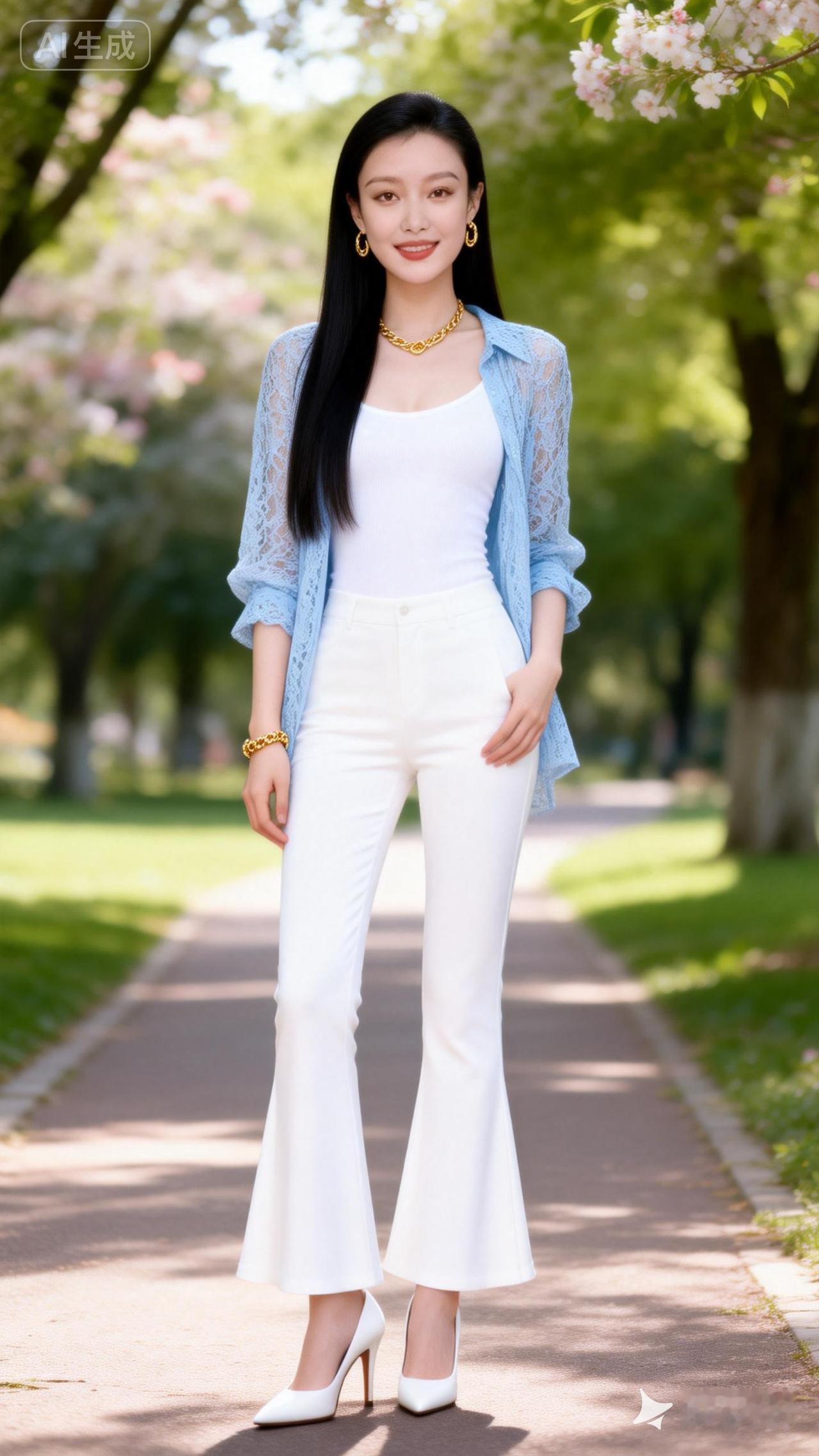 春日穿搭指南：白色高腰裤+蓝色蕾丝衫，清新自然，时尚百搭！🌸👗👠