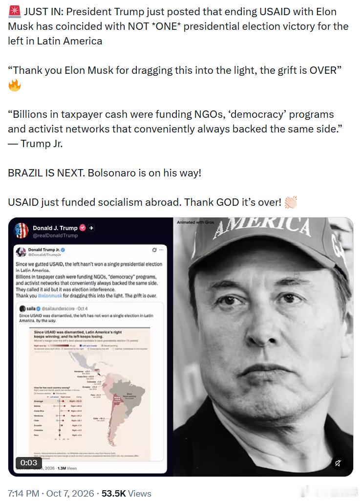 特朗普总统刚刚发文称，他与埃隆·马斯克一起终止美国国际开发署(USAID)的行动
