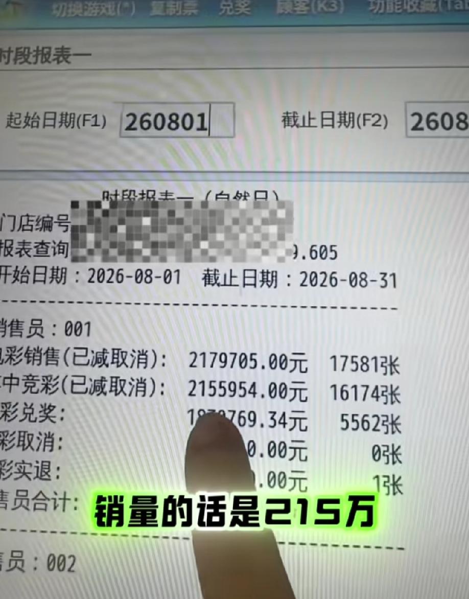 四川泸州，体彩店老板晒出他整个8月的销售金额和兑奖金额:销售金额215万，兑奖金