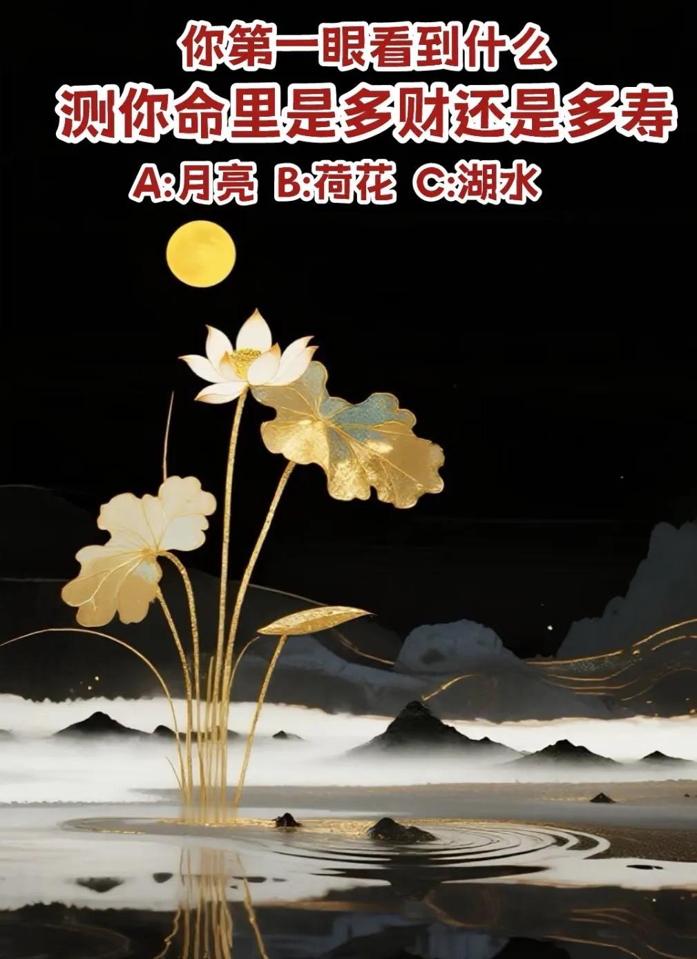 心理测试｜测你命里是多财还是多寿？？你第一眼看到什么A月亮B荷花C湖水