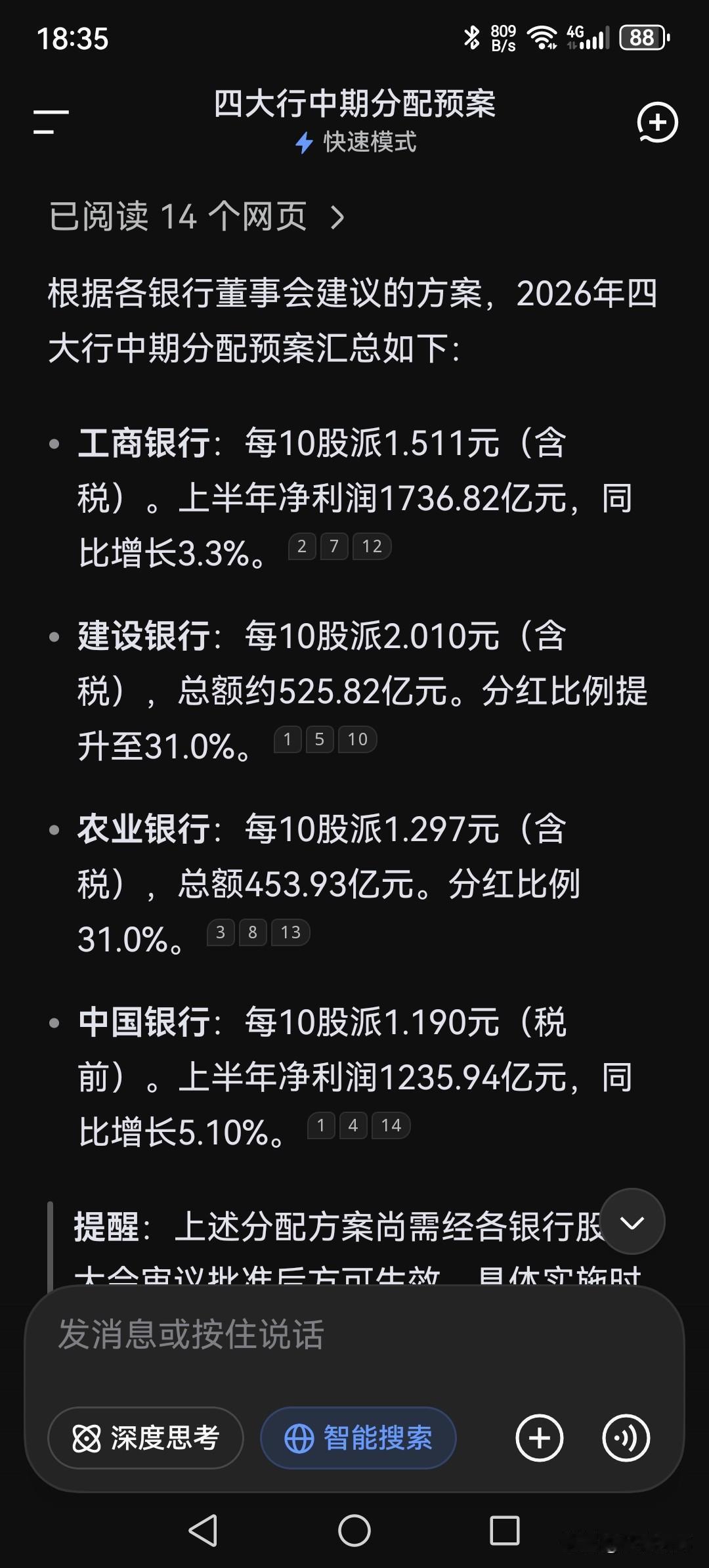 都是利好[赞]国有四大行中报数据出来，营收和利润呈现双增长的态势，且都公布了中