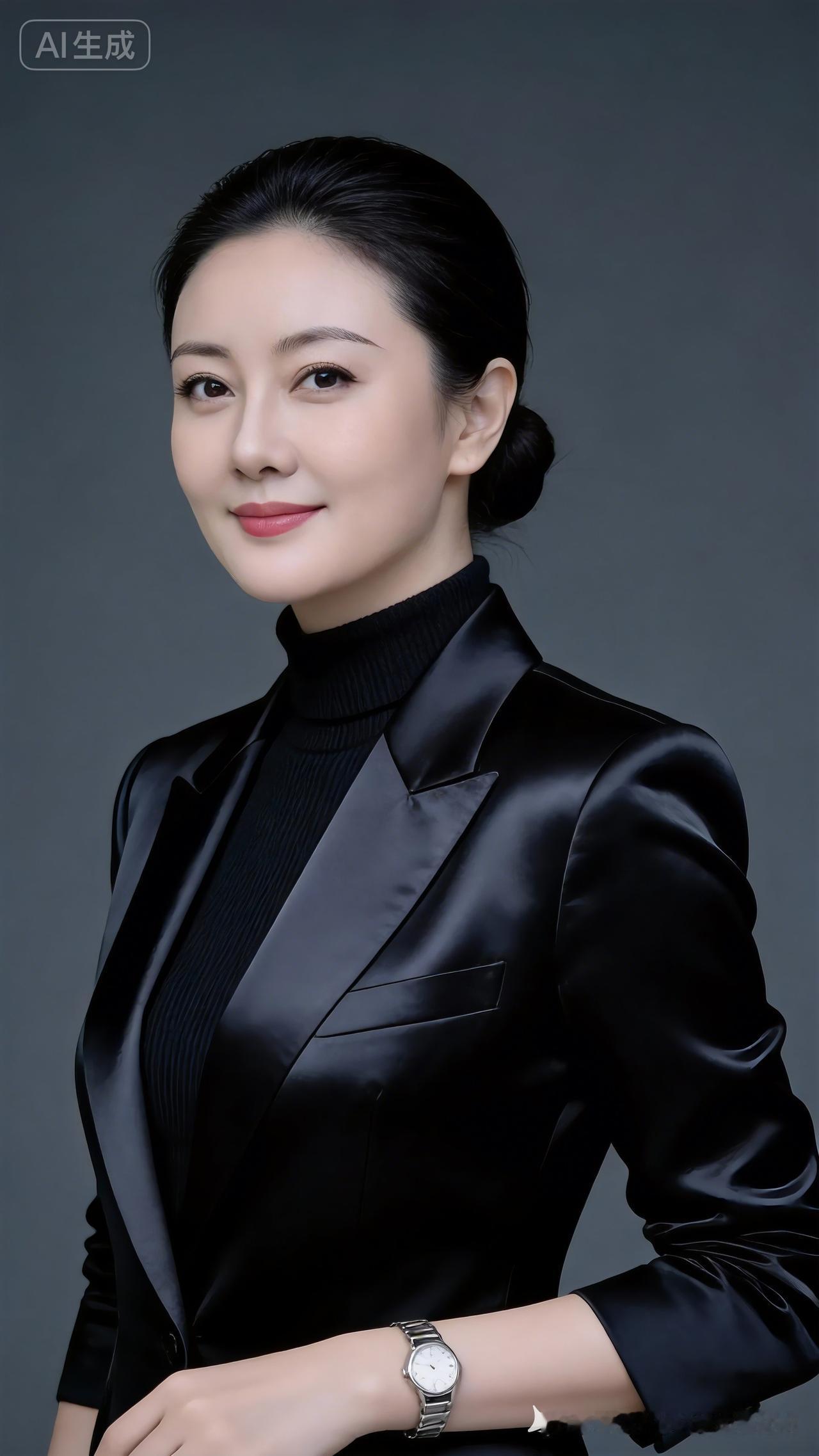 中年女性黑发利落低发髻发丝服帖，黑缎面驳领修身西装搭同色高领针织，淡粉豆沙唇，沉