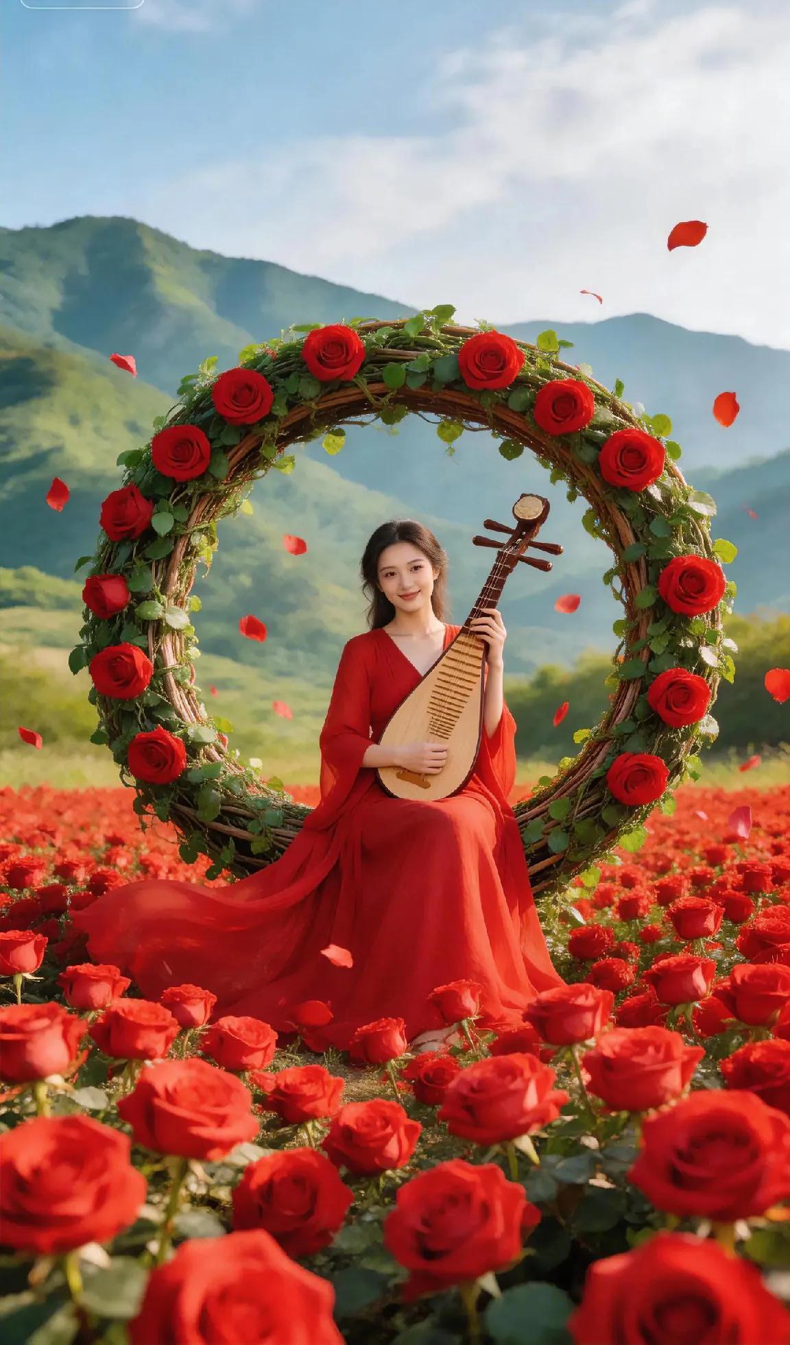 赴一场玫瑰与国风的盛宴。置身无垠红玫花海，巨型花环圈住满眼温柔。红裙曳地，琵琶轻