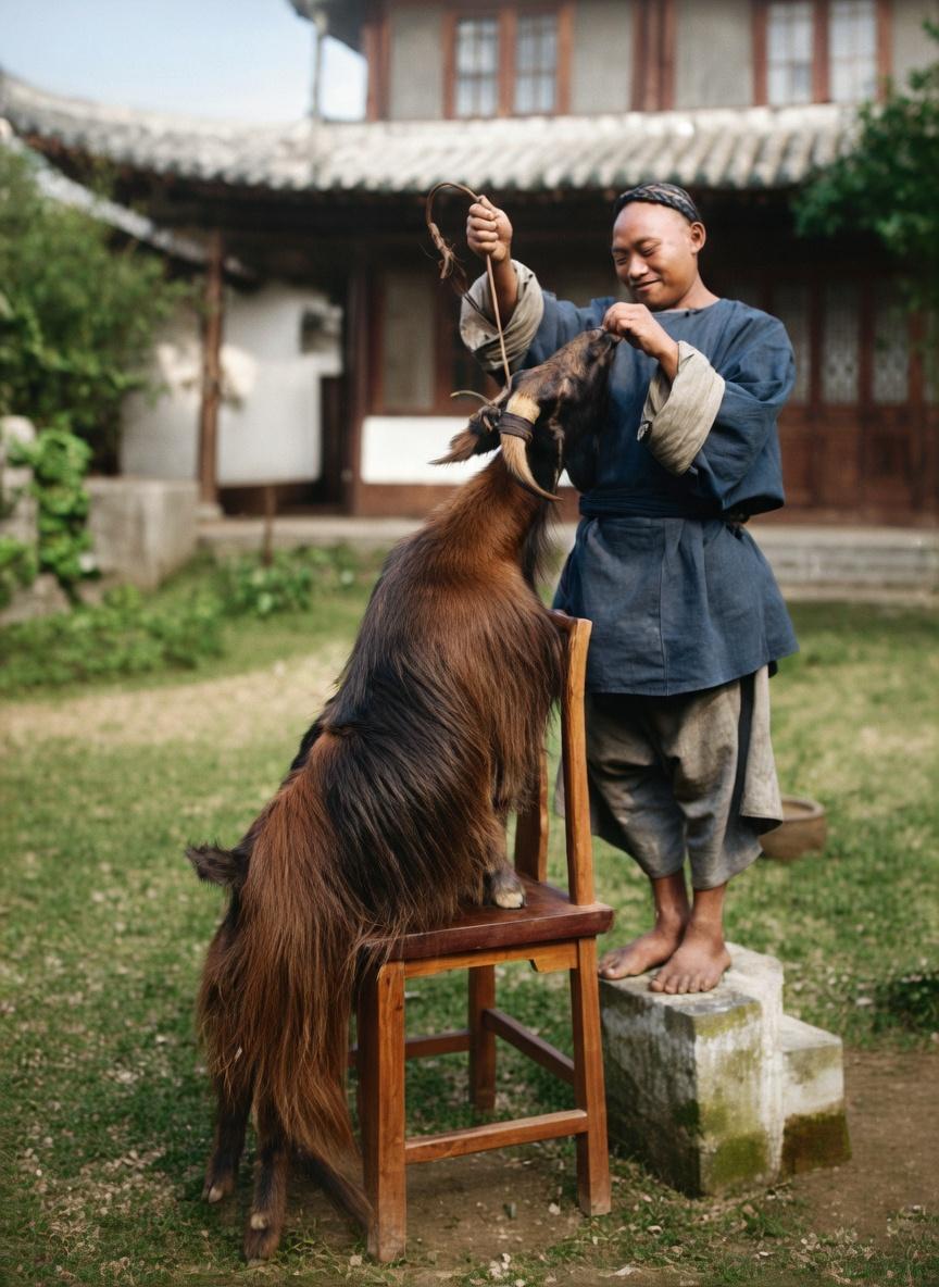 清末，一处中式庭院内，一底层街头艺人赤着双脚站在石墩上，将长辫盘绕在头顶；身着粗
