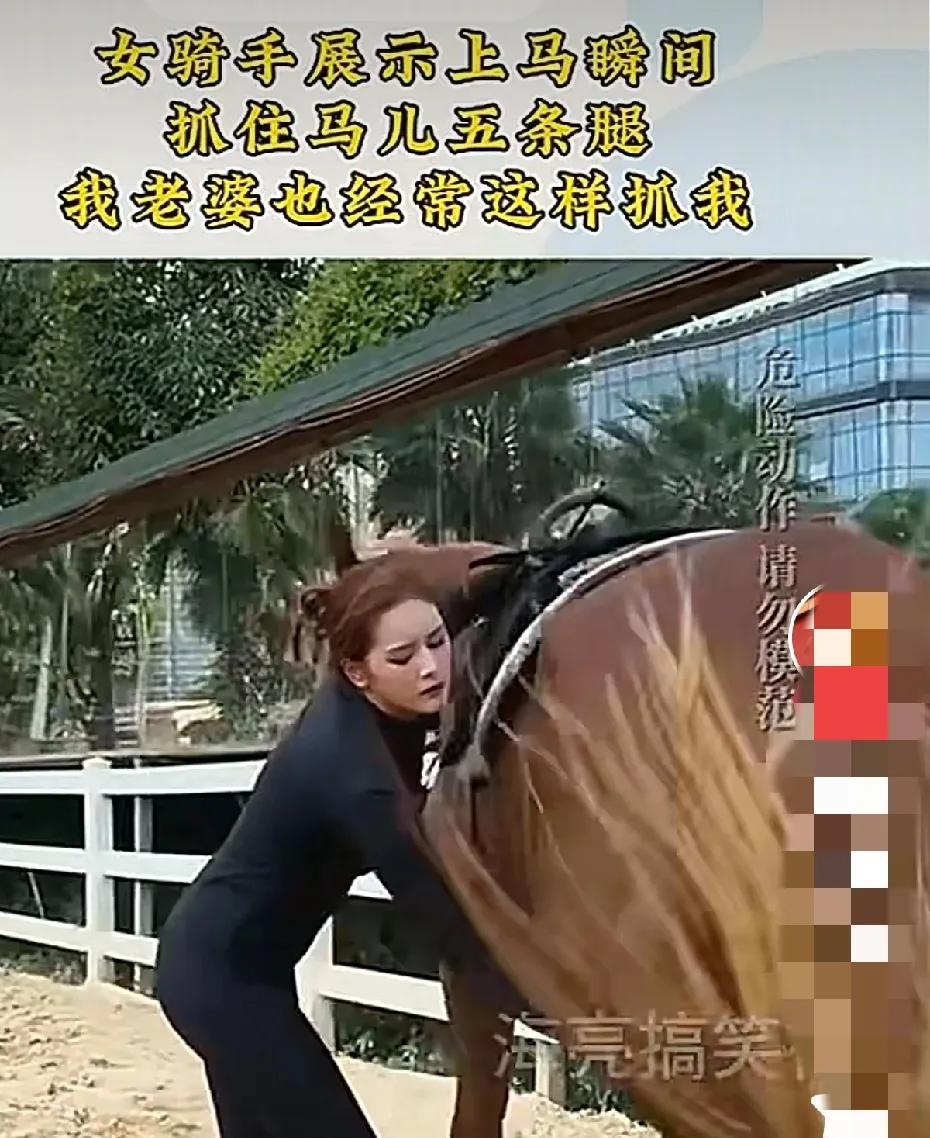好神奇，美女上马只需抓住马儿的第五条腿，马儿就乖乖的坐下让美女骑。有网友说马儿