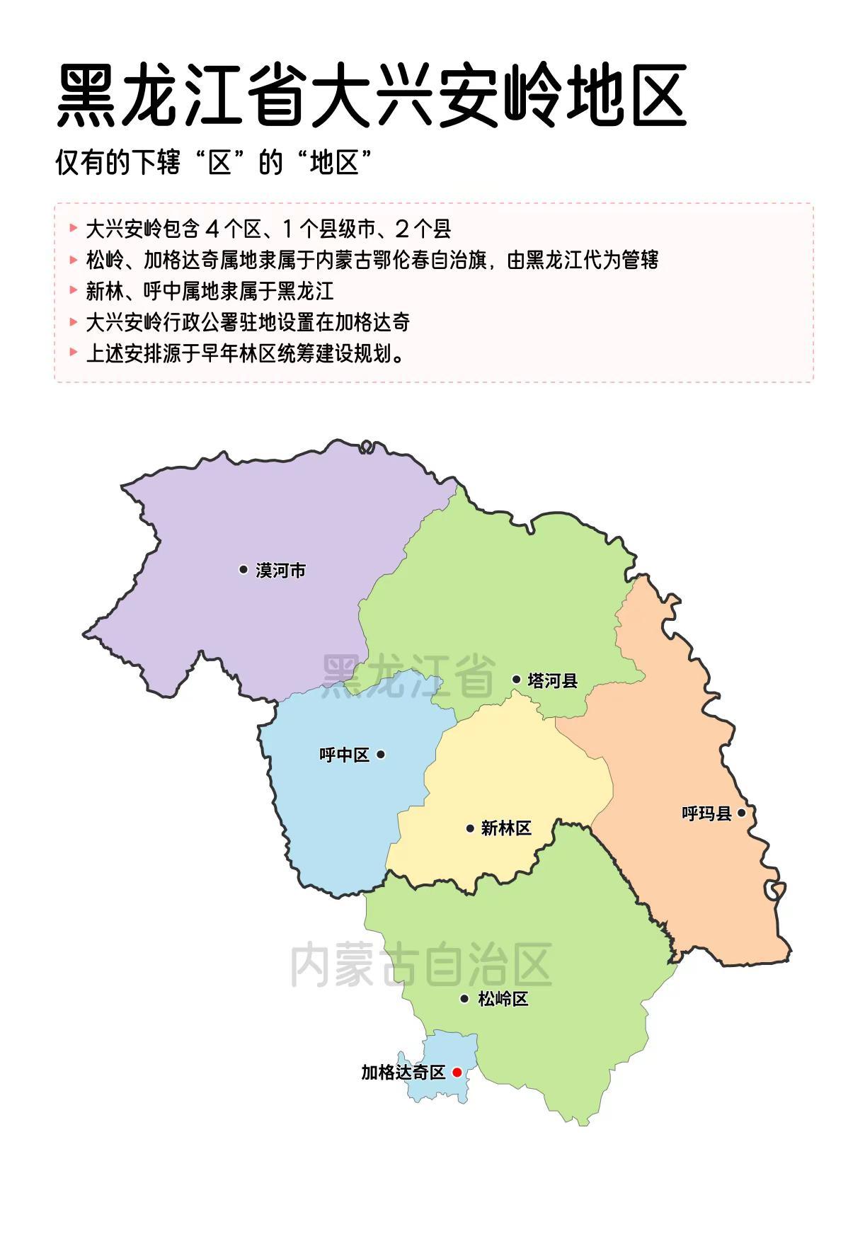 特殊区划：黑龙江省大兴安岭地区。大兴安岭，因早年林区统筹建设，形成属地和行政管理