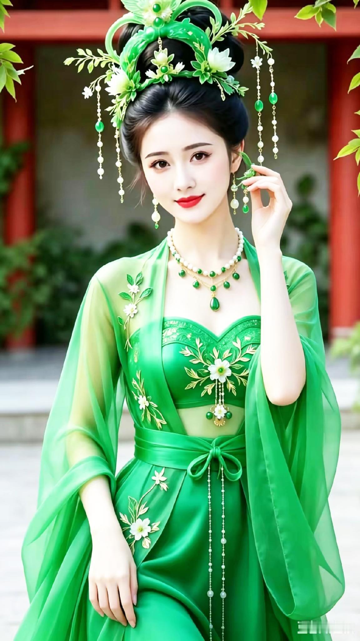 绿衣飘飘，花枝招展，宛如画中仙子