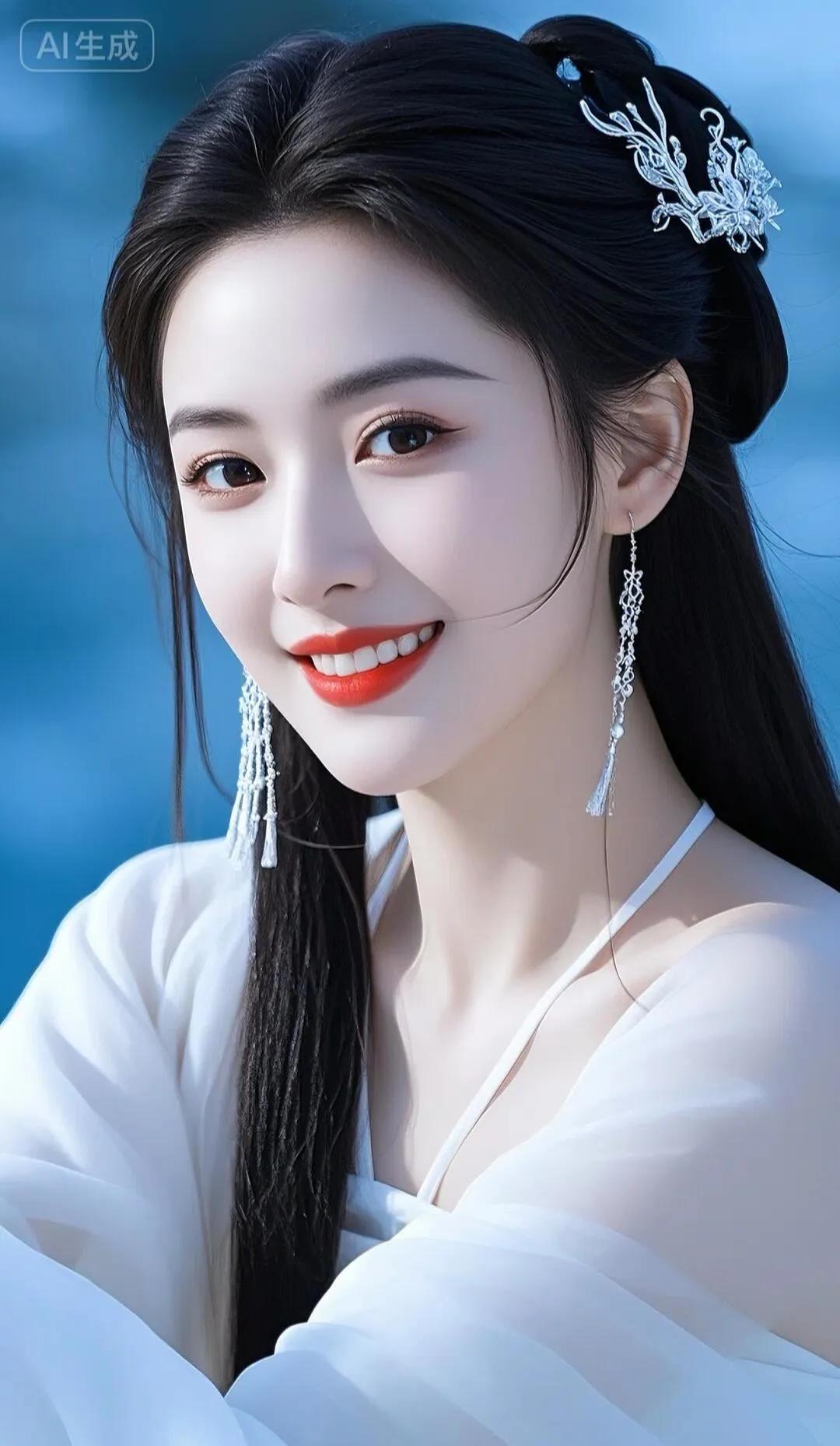 惊艳的古典美人，红唇白衣，宛如画中仙子。
