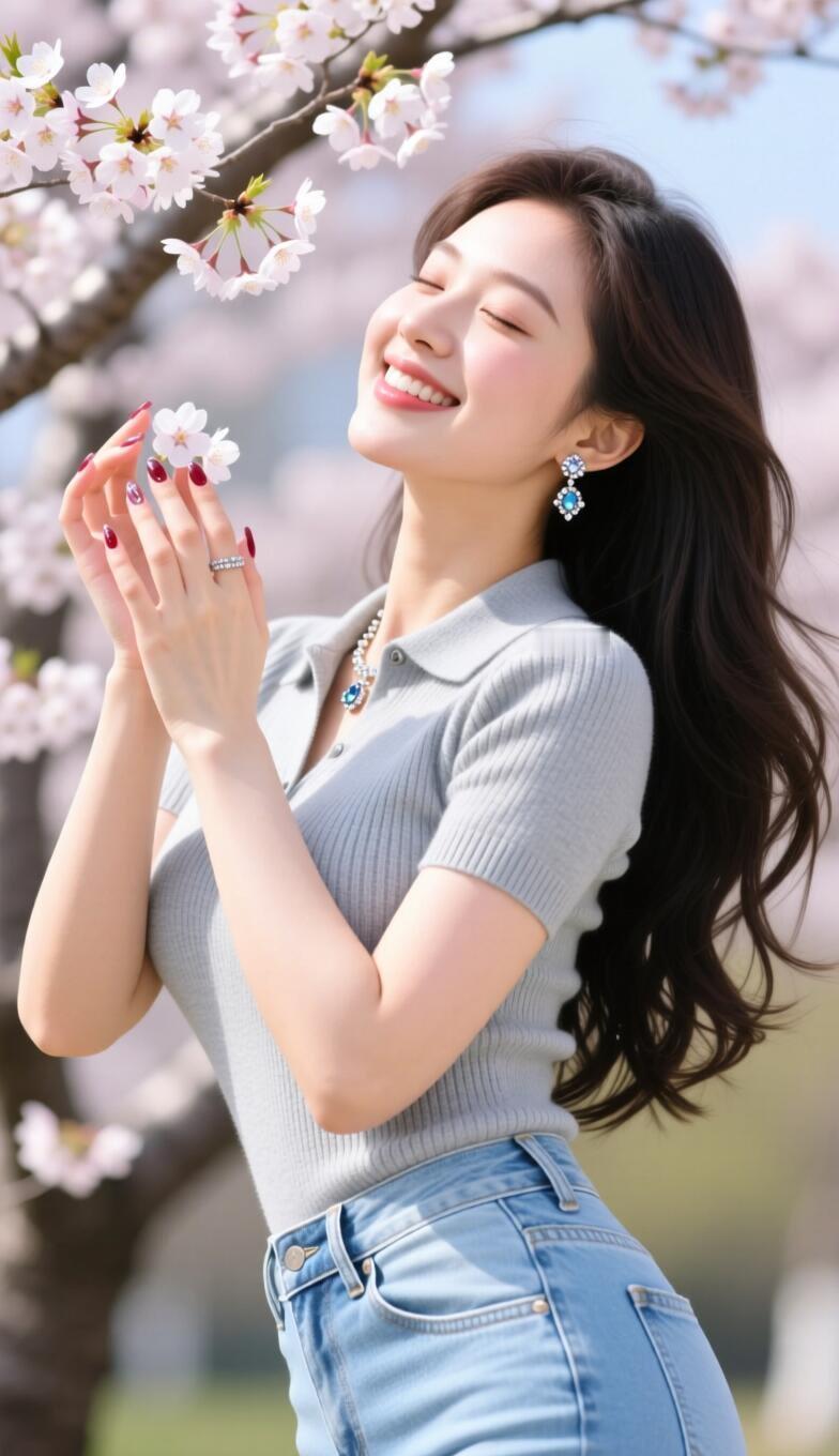 樱花树下，微笑的少女，春日里的美好时光。🌸😊