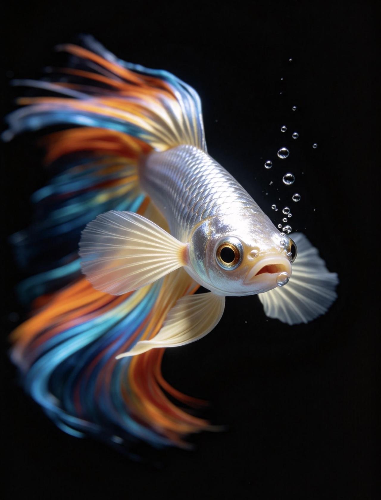 精美壁纸（717）🌈📝黑色纯底的水下画面里，亮银鳞片的盲鱼高速穿梭游动，身
