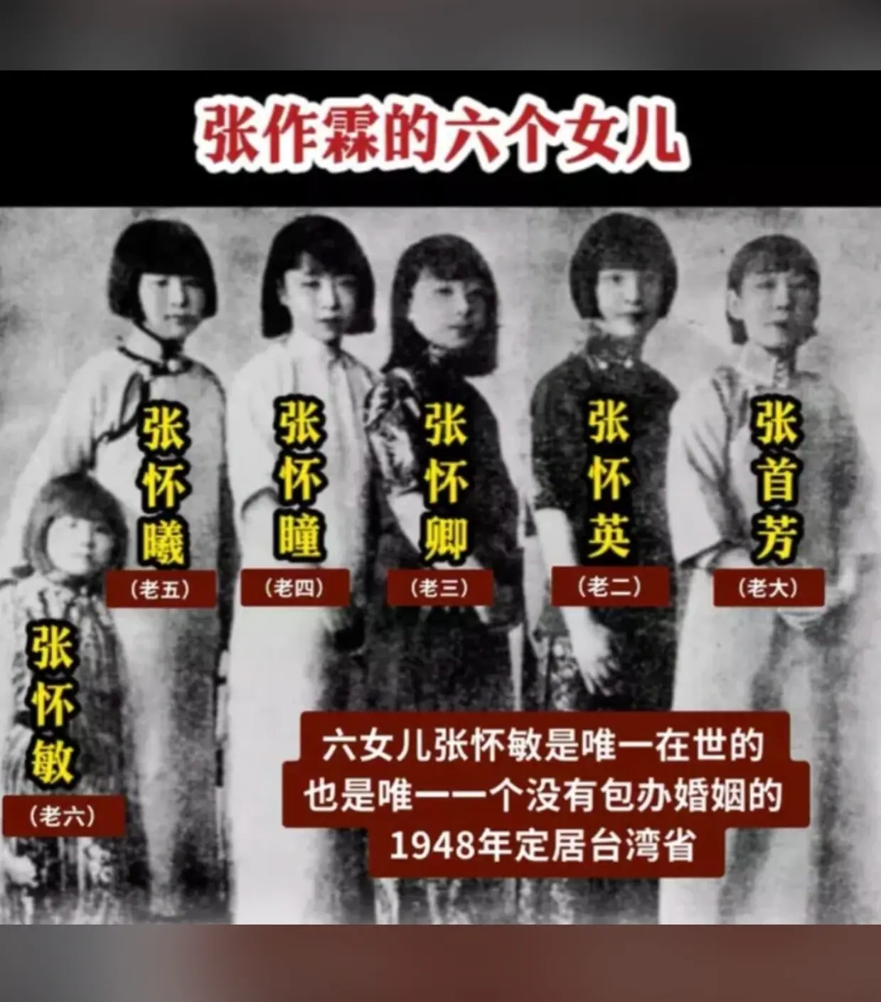 张作霖的六个女儿和八个儿子。