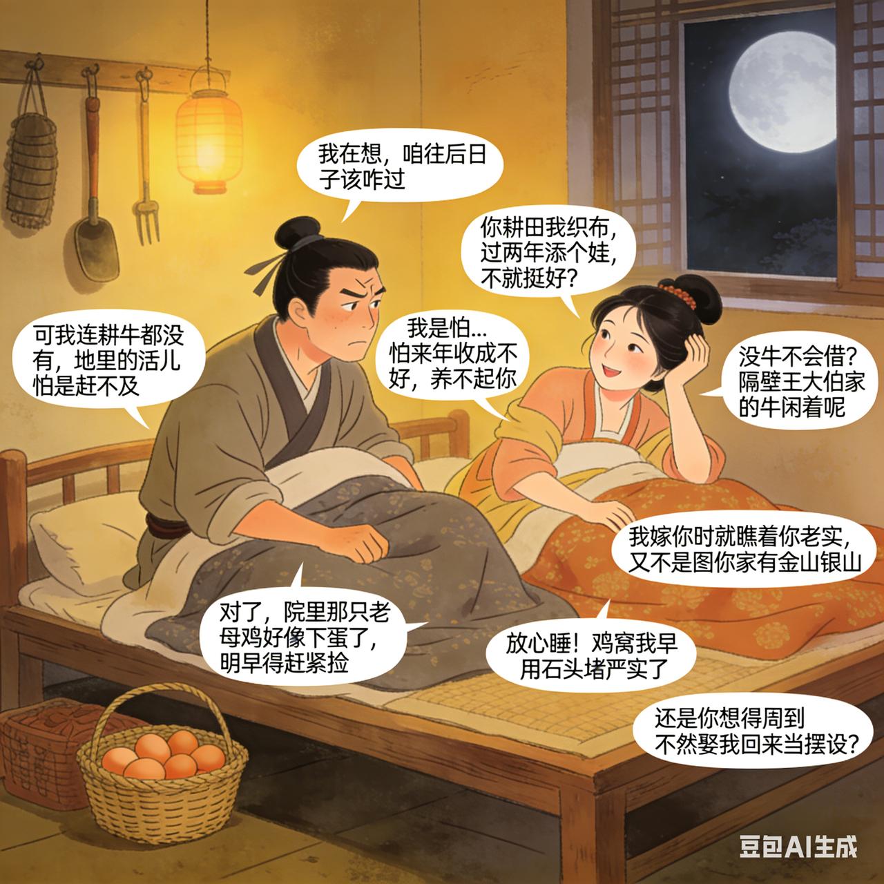 古代夫妻搞笑段子有对夫妻刚成亲不久，夜里丈夫翻来覆去睡不着，妻子问：“你咋还