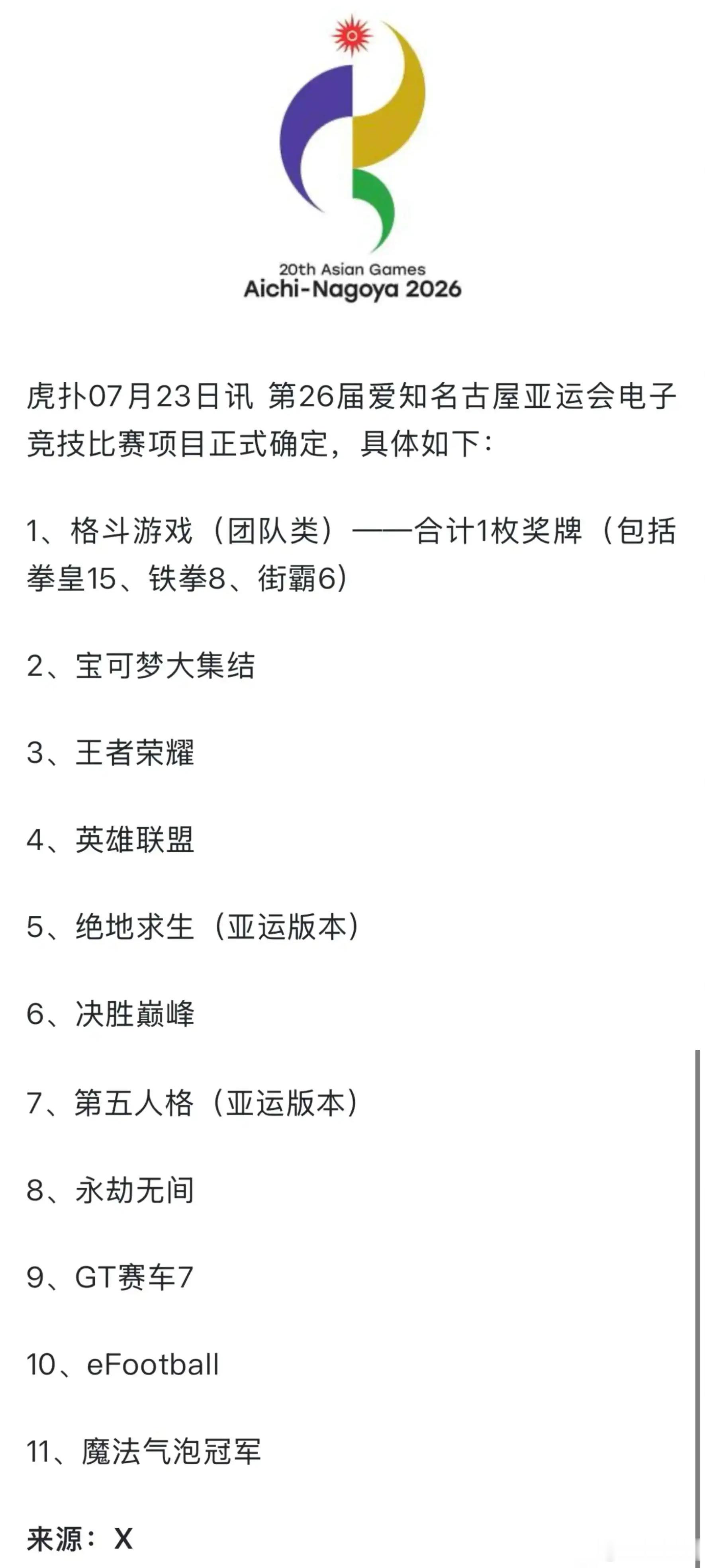 名古屋亚运会的电竞项目确定，包含拳皇，铁拳，街霸，lol，王者荣耀，绝地求生，宝