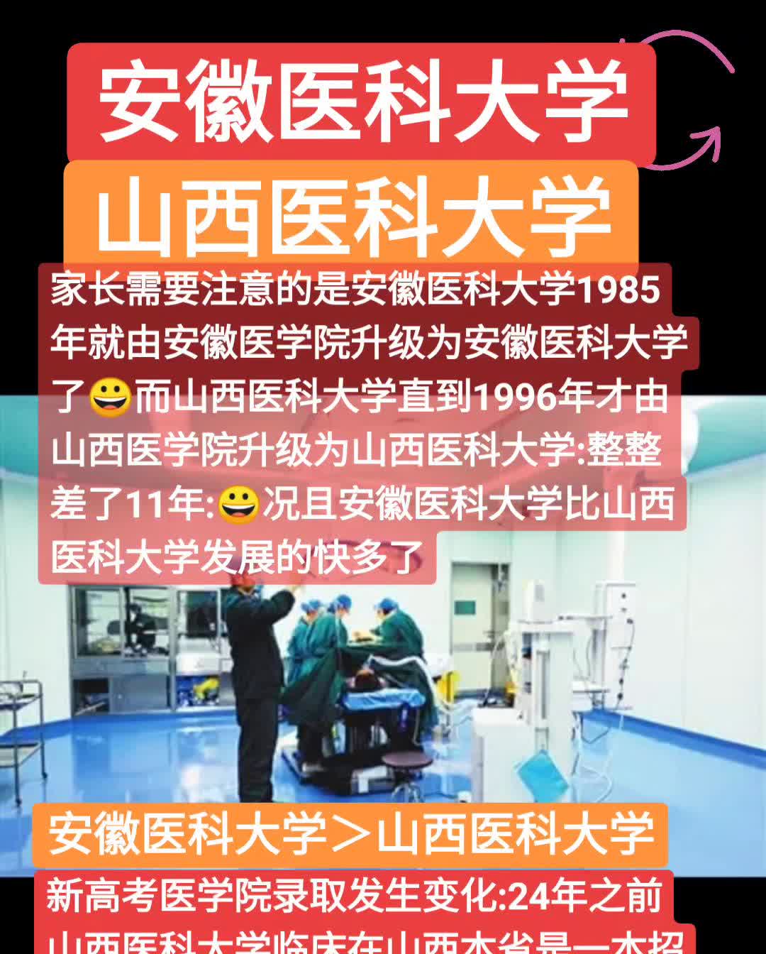 安徽医科大学>山西医科大学。家长需要注意的是安徽医科大学1985年就由