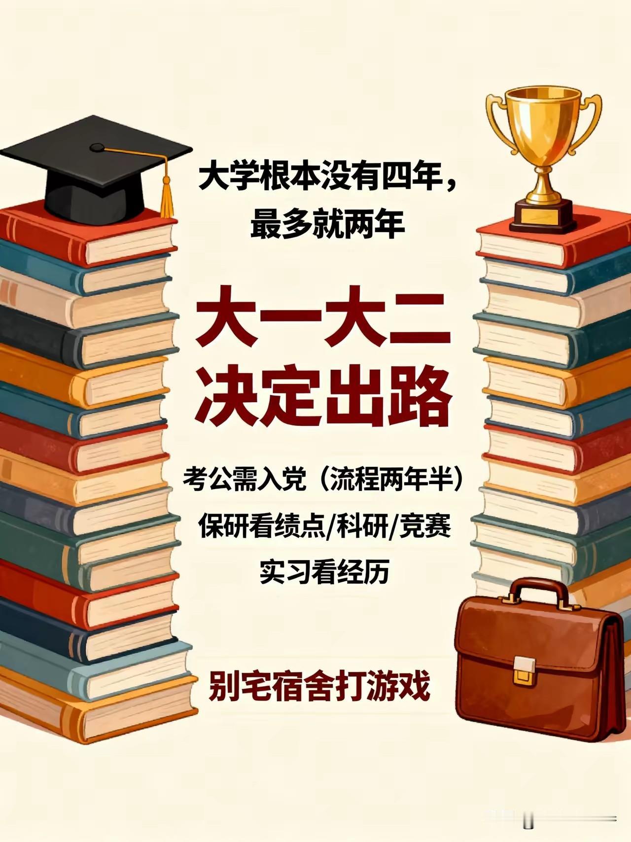 大学根本没有四年，最多就两年。因为大一大二这两年，直接决定了你往后的出路。所