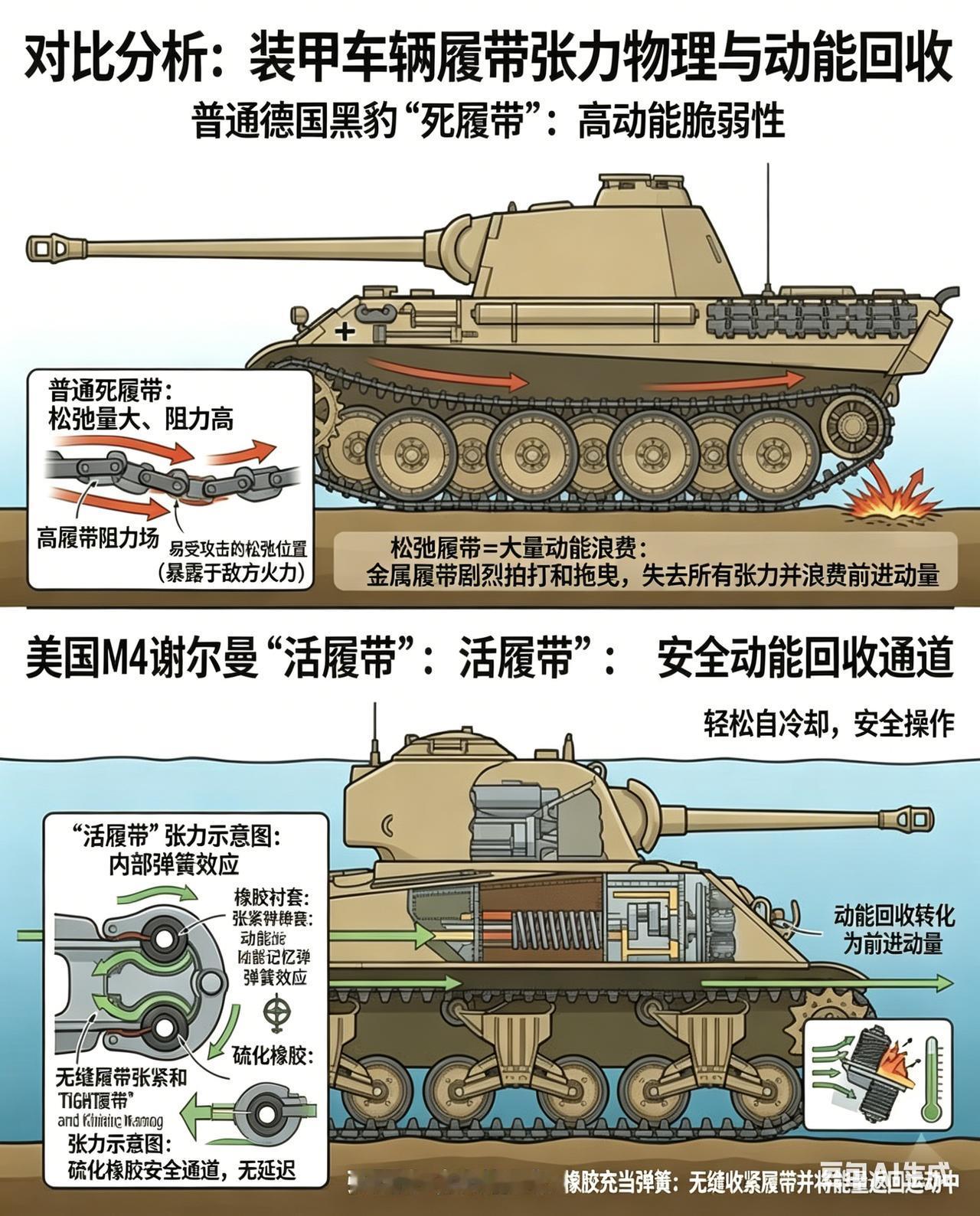 一张图看懂二战坦克履带的核心设计差距：德国黑豹的松散“死履带”，和美国谢尔曼的紧