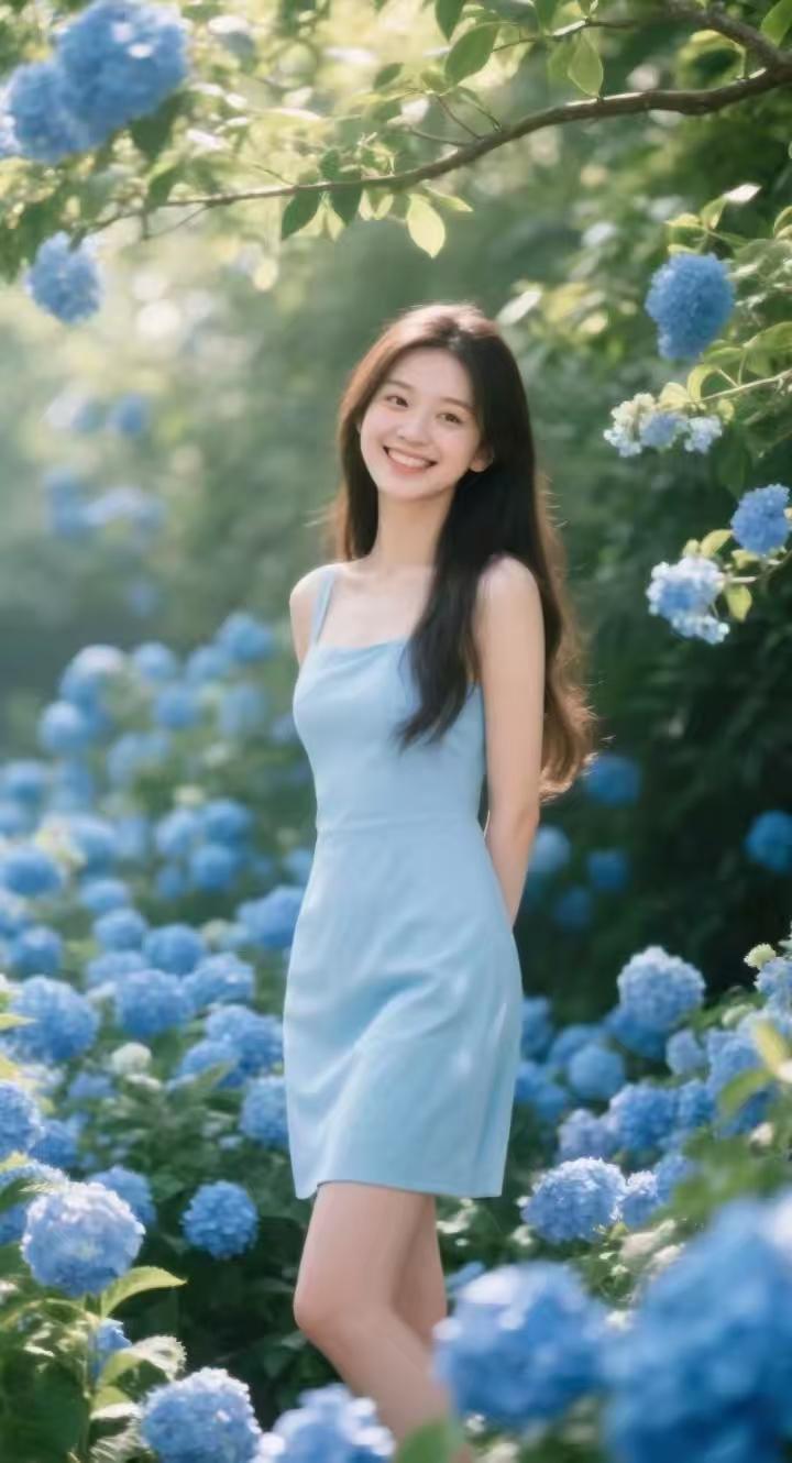蓝海芳姿晴光漫染碧花稠，蓝海风中倩影柔。少女嫣然含浅笑，一怀甜意醉清秋。