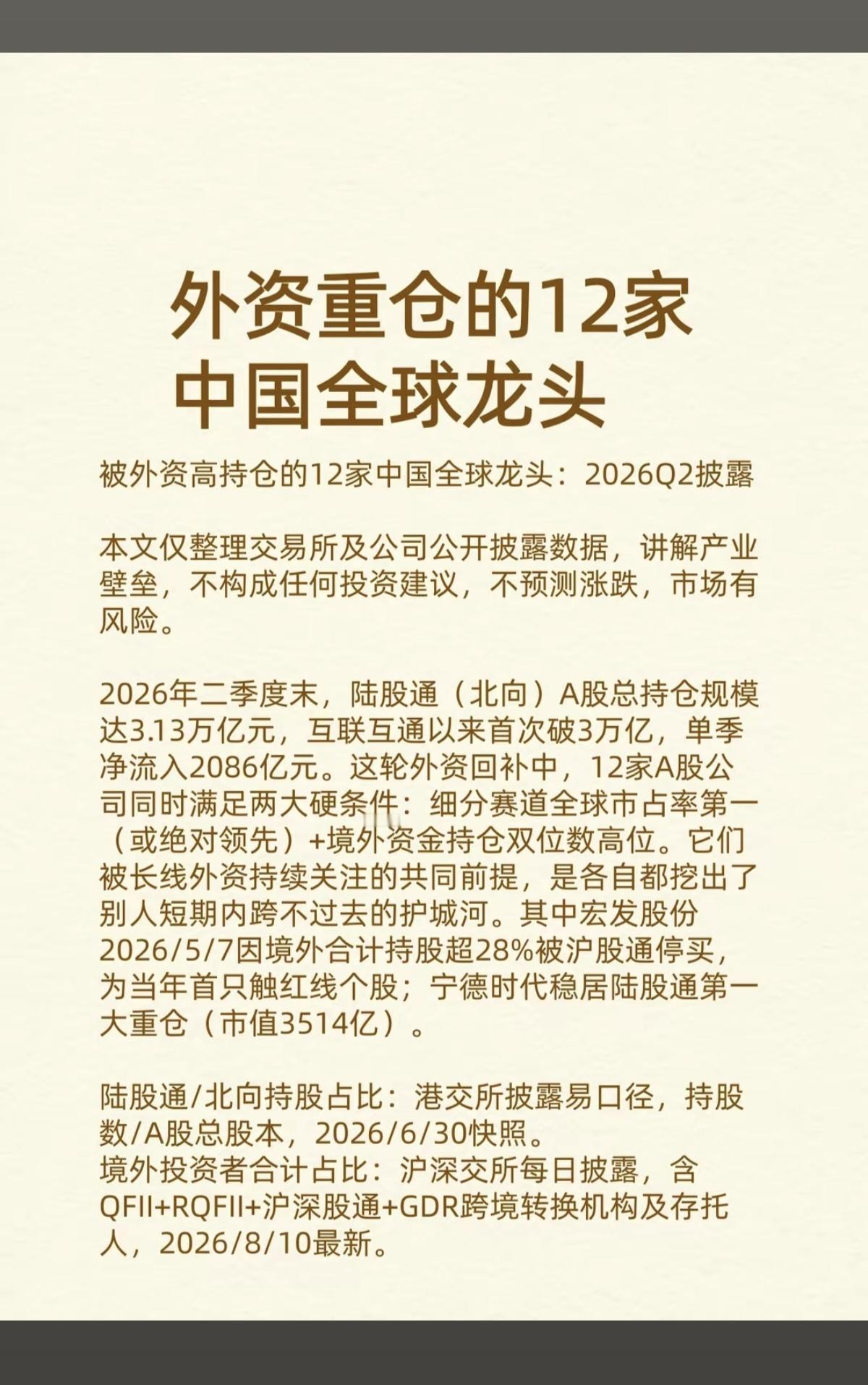 外资重仓：12家中国全球龙头！1.动力电池2.全球重卡动力龙头3.内存接