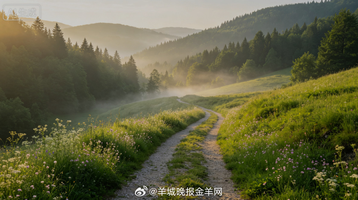 #早安#盛夏晨间的凉风裹挟着草木清香，走在铺满野花的山间野径，蝉鸣浅浅、晨光柔