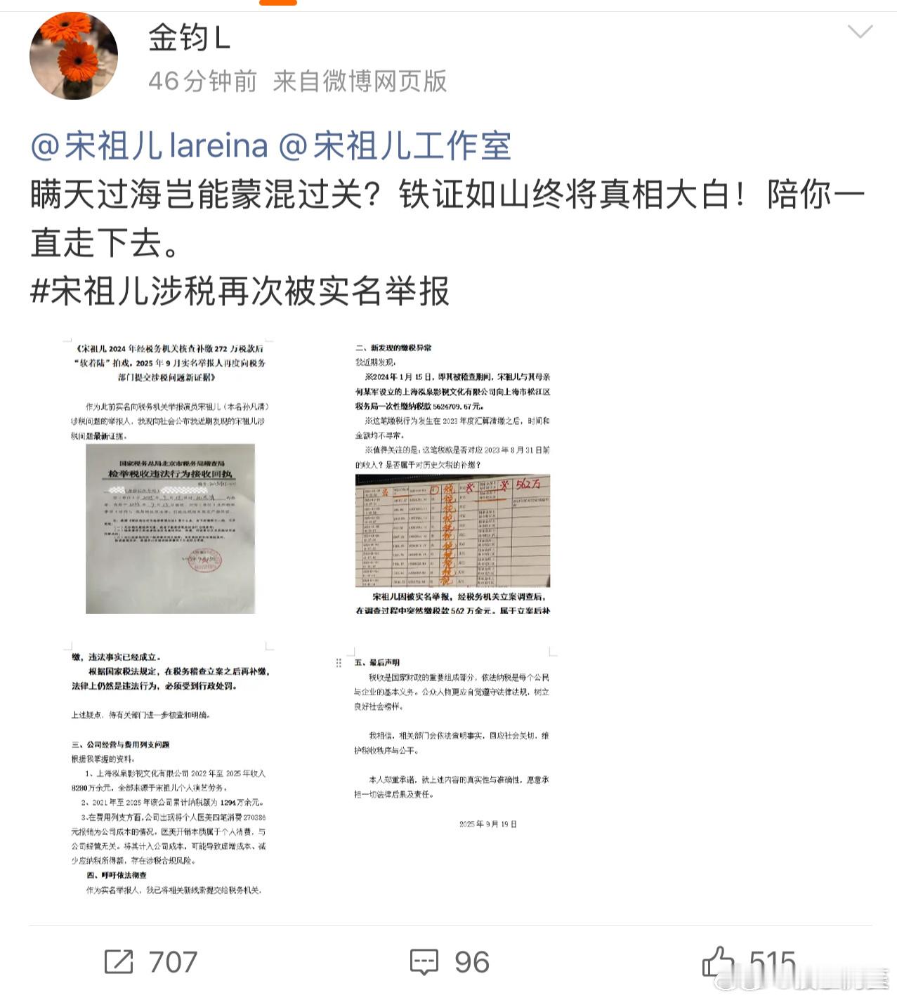 之前举报宋祖儿偷税漏税的举报人，再一次举报宋祖儿的税务问题……到底是什么深仇大恨