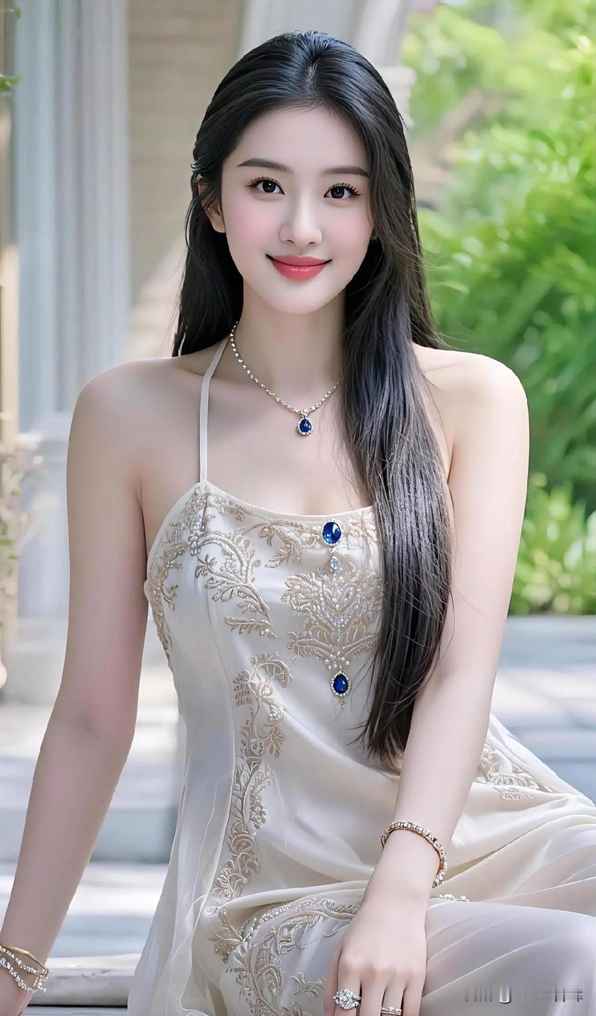 白裙似雪，金纹绣春山模样；蓝宝垂眸，坠成星子落柔裳。长发如瀑，梳开风的温