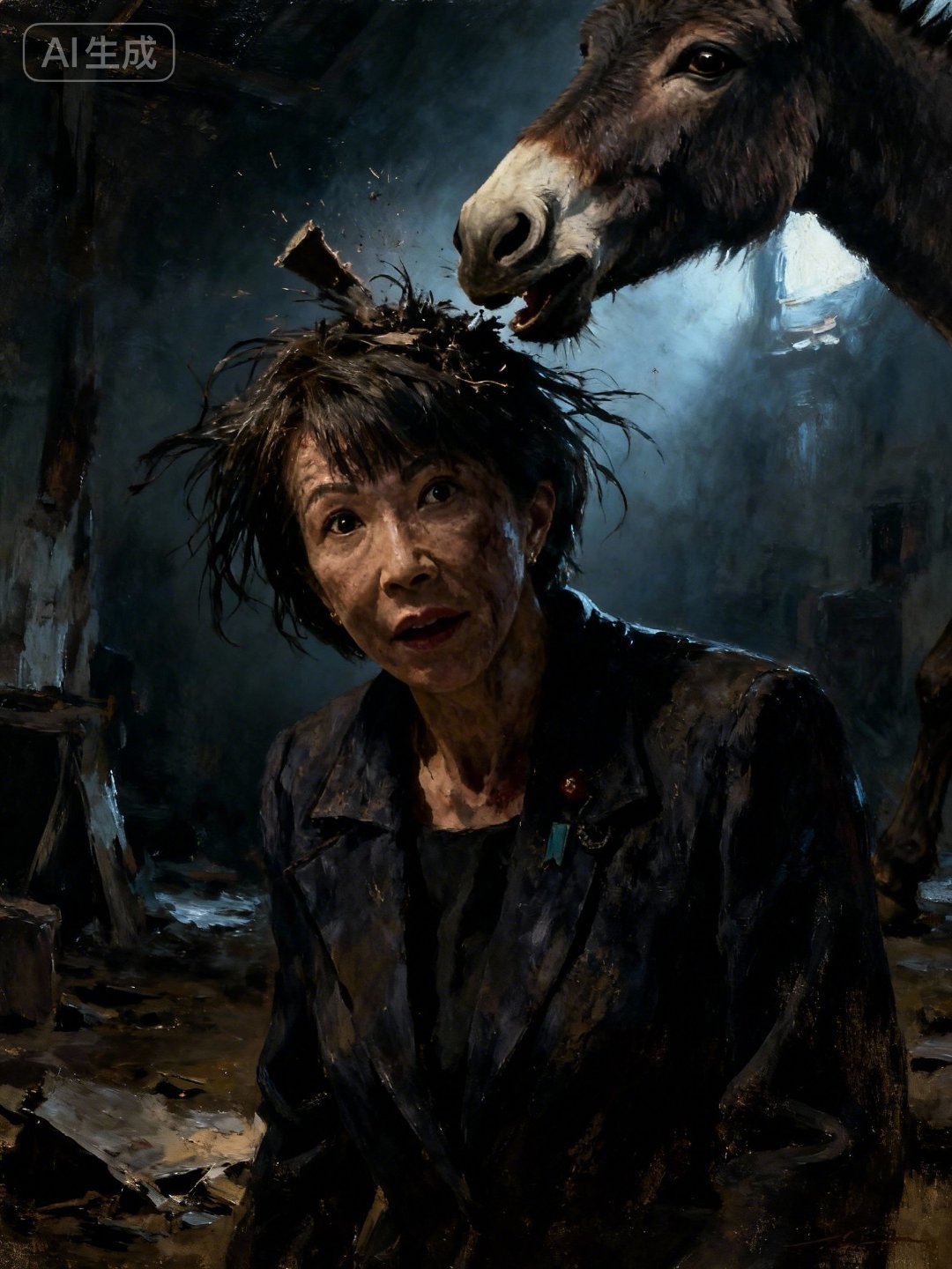 用即梦AI生成高市早苗的图画，提示词是:写实油画风格，描绘一个女人，脑袋被驴踢了