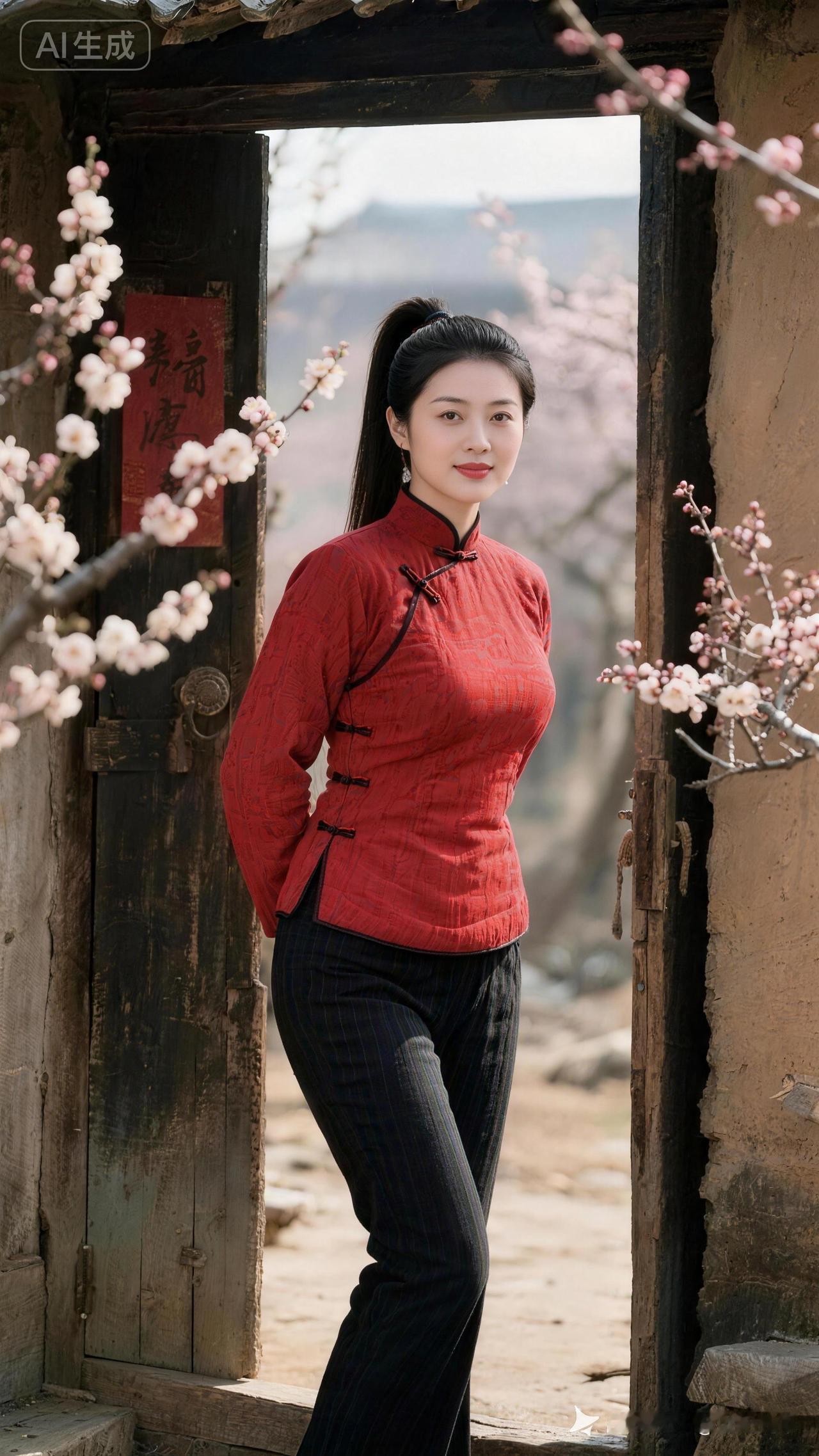 春日里，身着棉衣棉裤的红衣美人倚门而立，那画面简直绝了。就像那些红衣古风美人壁纸