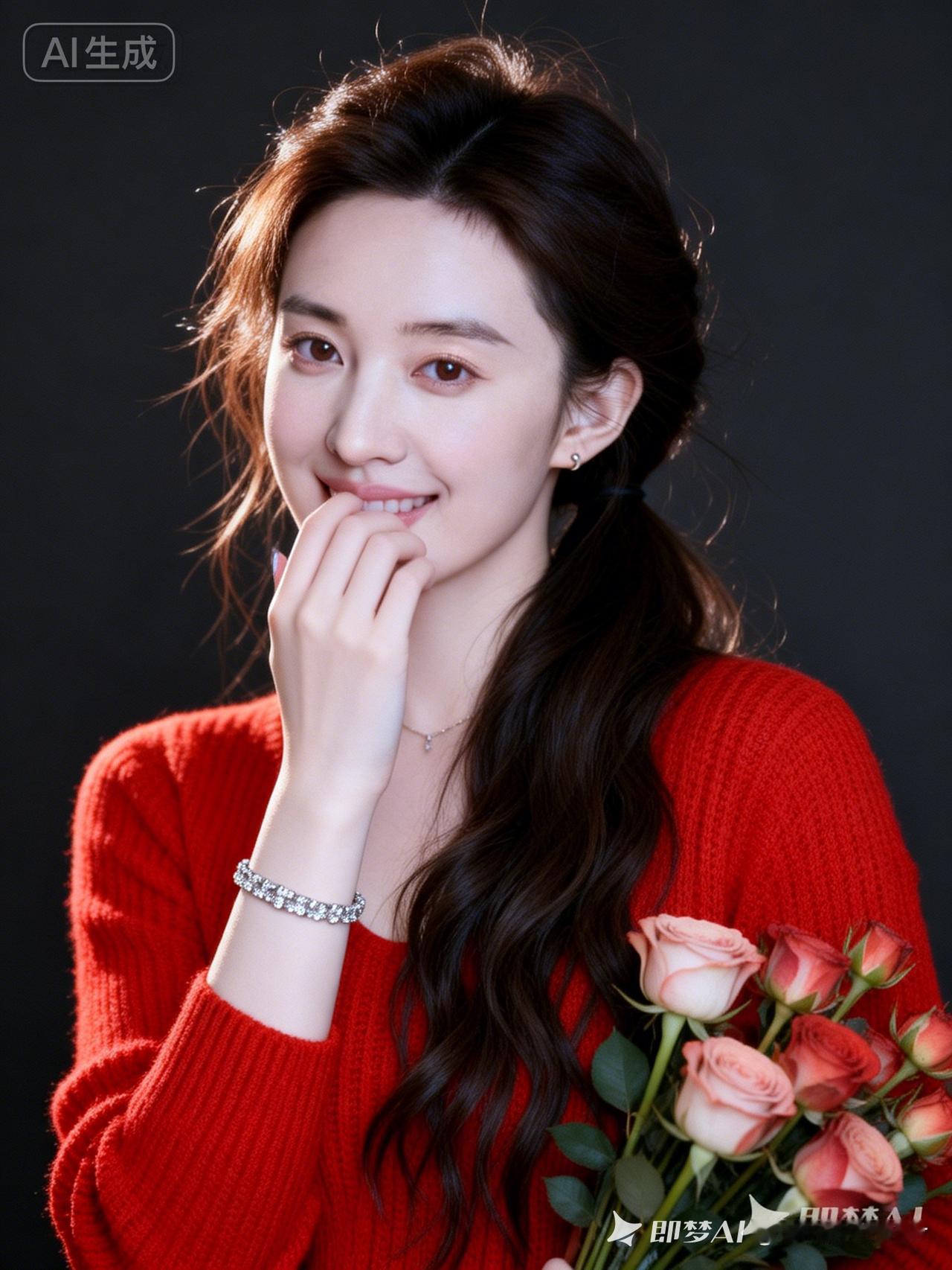 温柔甜美的红衣少女，手捧玫瑰，笑靥如花。