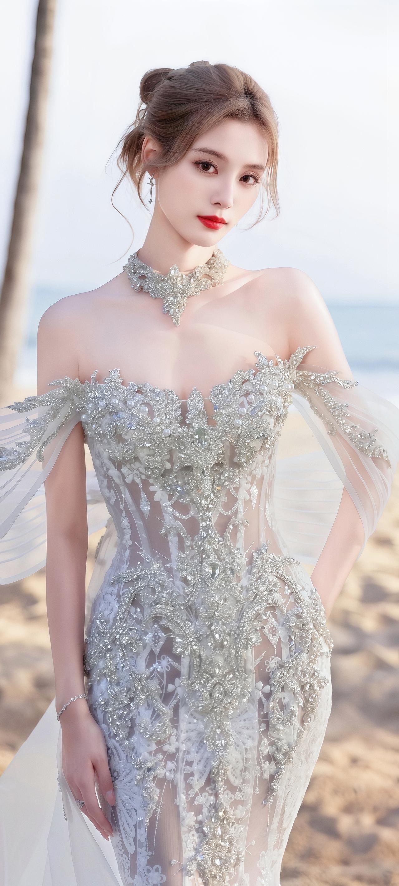 《鹧鸪天·鲛光》原创诗词原创看图片配诗碎钻裁纱缀雪肩，薄绡轻曳海风前。颈