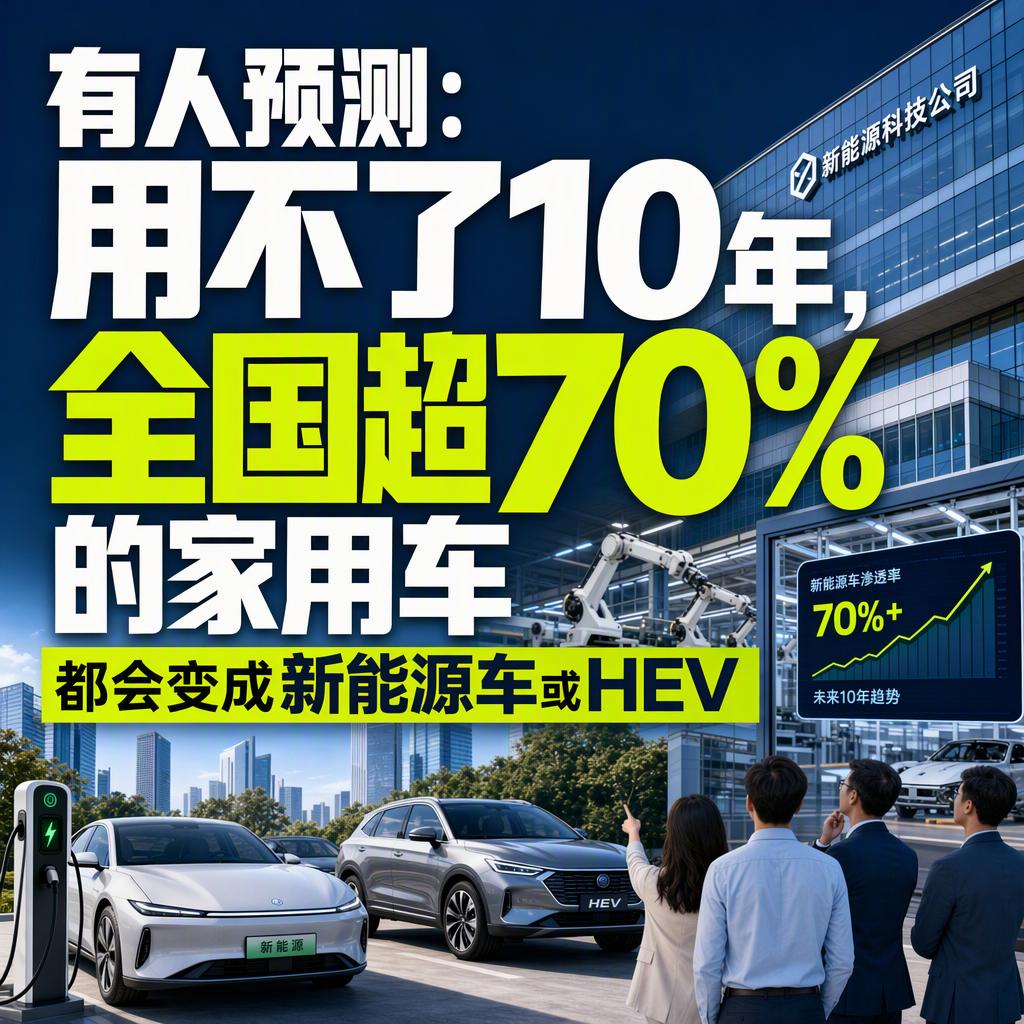 用不了10年，全国超70%的家用车都会变成新能源或HEV油混。这个预测听着夸张