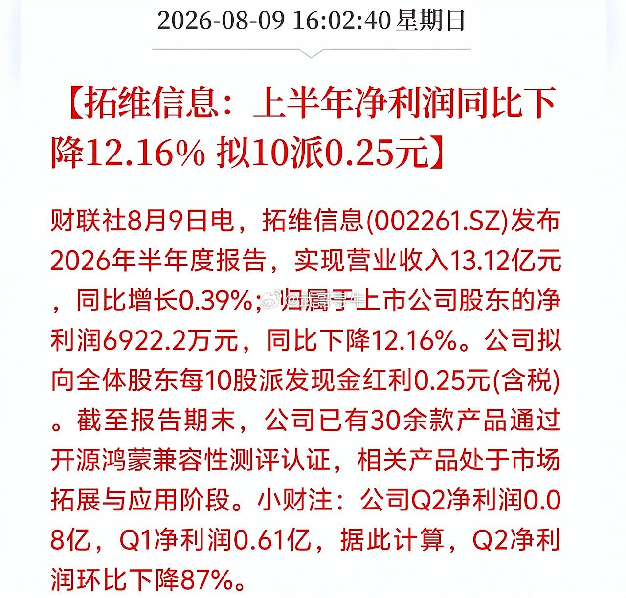 重大利空！重大利空！重大利空！环比大跌87%！拓维信息中报出炉，鸿蒙还没兑现业绩