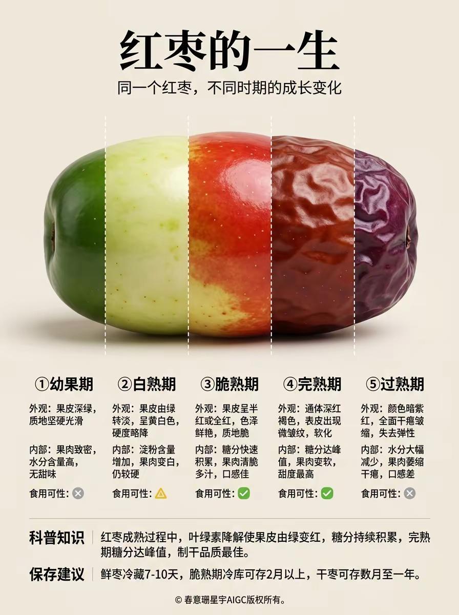 红枣不是越红越好吃！。听好！一颗枣最好吃的阶段，根本不在全红的时候。脆熟期半红半